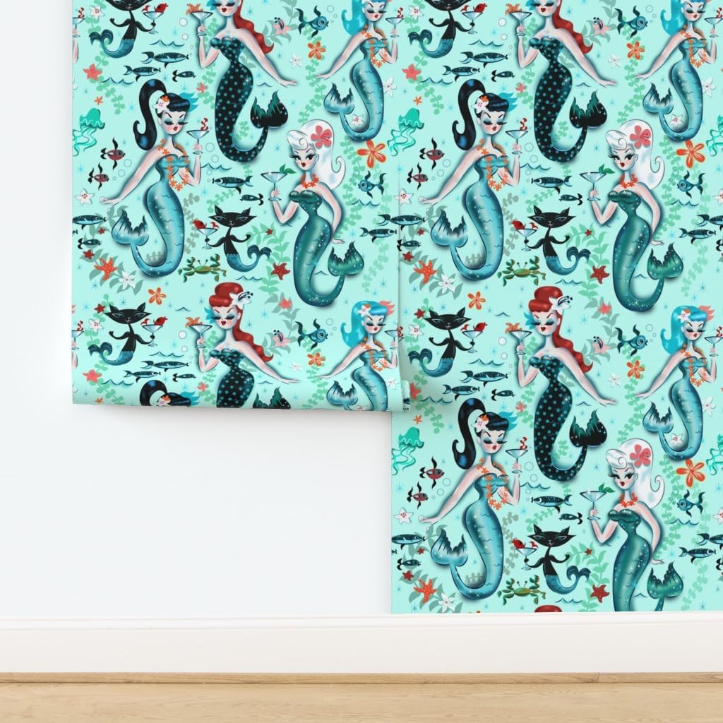 Removable Wallpaper 9ft x 2ft - Midcentury Mod, Mermaids, Martini, Retro, Cocktail, Aqua, Cat, Starfish, Vintage, Kistch, Mod Custom Pre-Pasted Wallpaper by Spoonflower