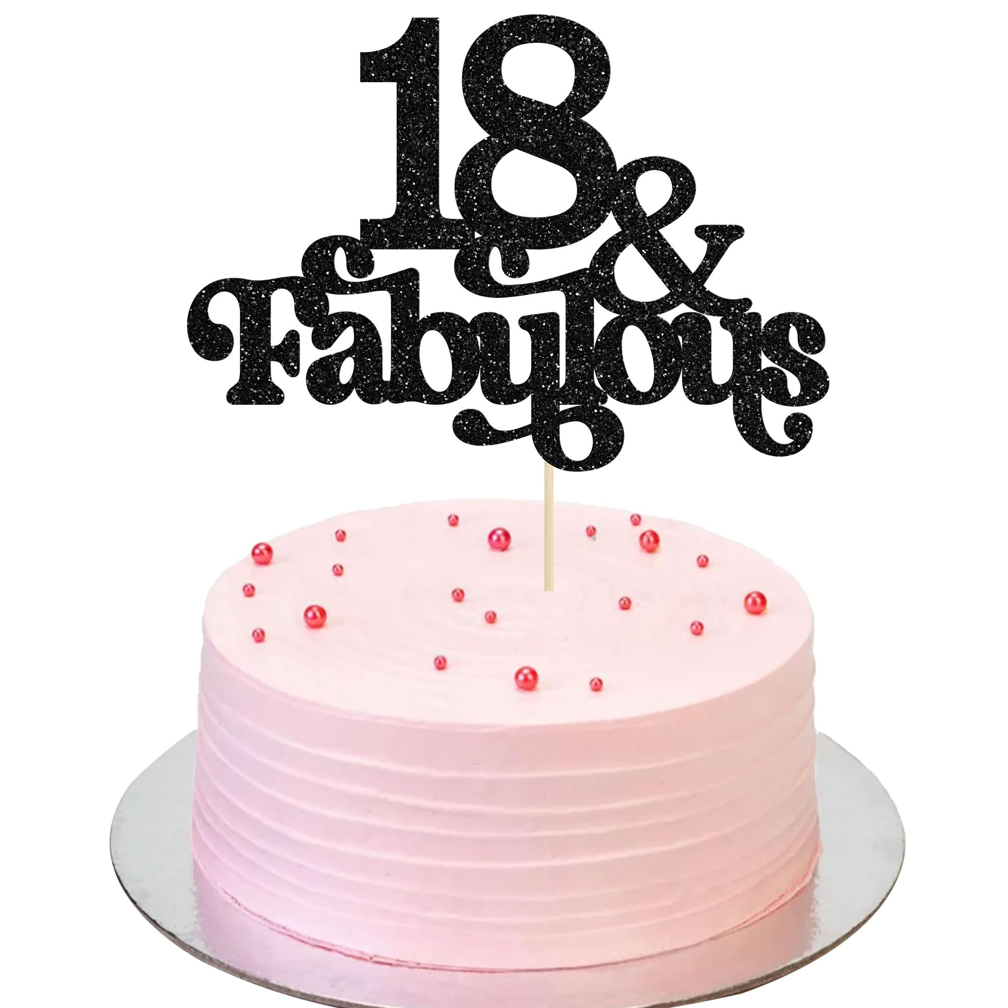 Ephlyn 1Pc 18 & Fabulous Cake Topper Glitter Eighteen and Fabulous Cake Toppers Happy 18th Birthday Cake Pick for 18th Wedding Anniversary Birthday Party Decorations Supplies Black