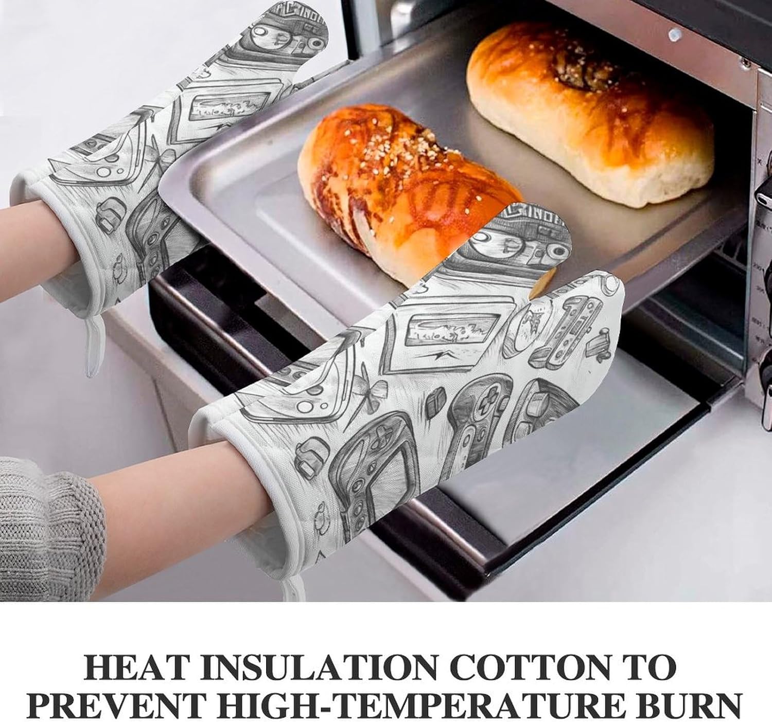 Oven Glove Monochrome Sketch Style Gaming Oven Mitt Sets of 2 Heat Resistant Gloves Non-Slip Cooking Gloves for Baking Grilling BBQ Kitchen Glove