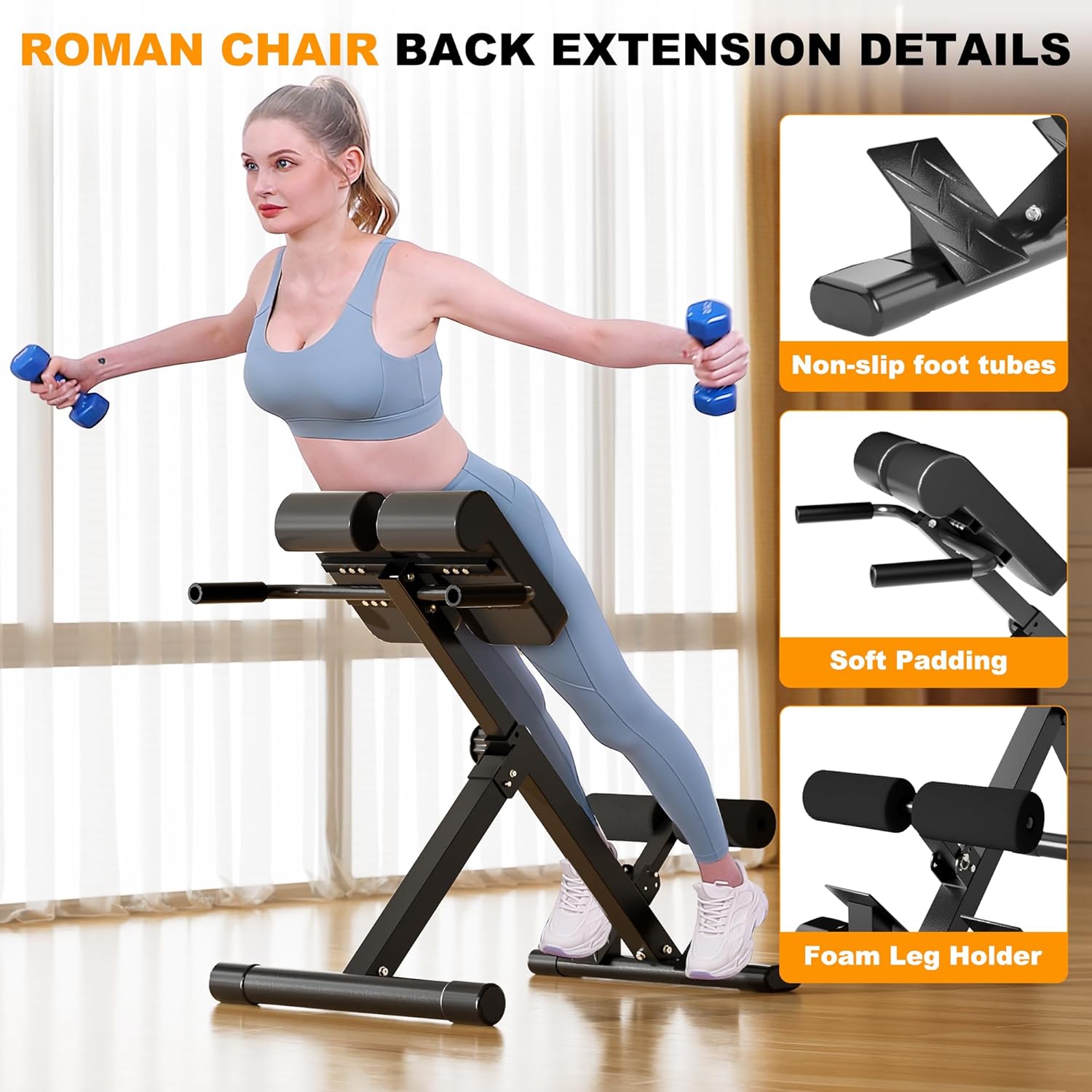 Adjustable Roman Chair, Hyperextension Bench for Strength Training, Core Workouts & Home Gym Exercises,Back Extension Machine for Glutes, Hamstrings & Lower Back