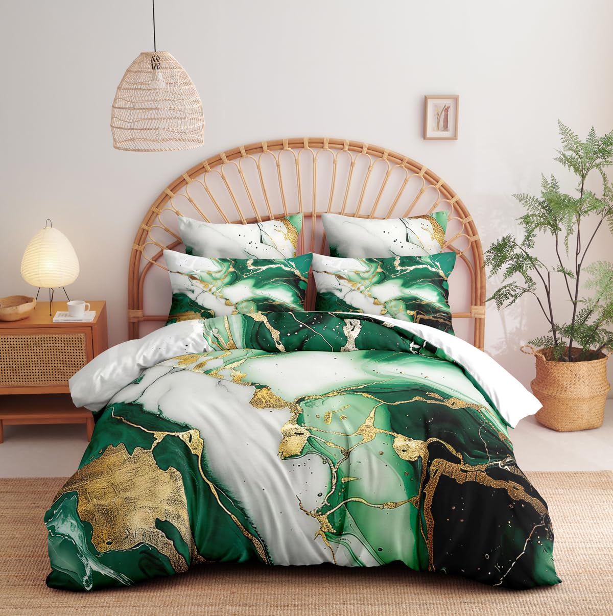 CCoutueChen Marble Duvet Cover Queen Size Emerald Green Marble Bedding Green White Gold Marbling Duvet Cover Set Soft Abstract Art Comforter Cover for Girls Boys(2 Pillowcases, No Comforter)