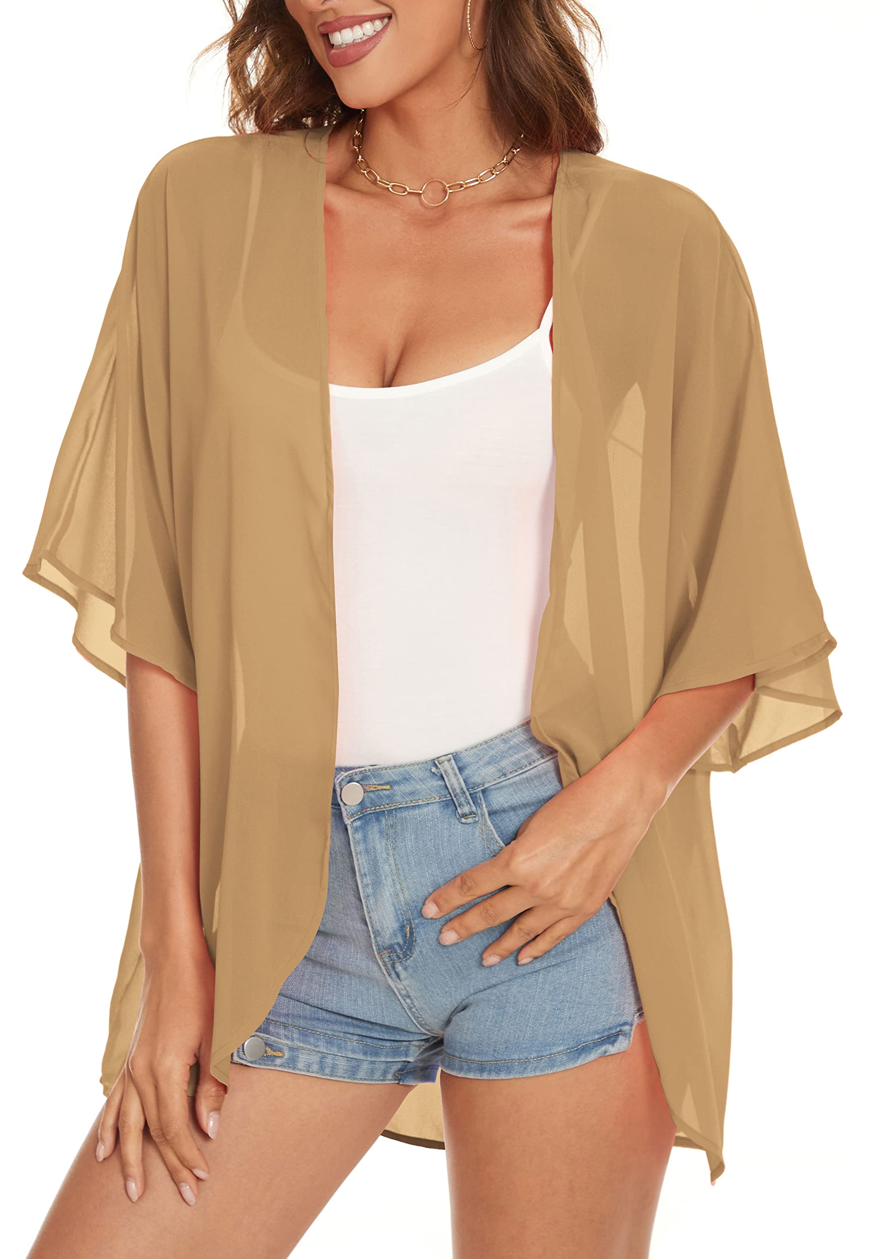 Damskie kimono, plażowe, szyfon, kardigan, kwiaty, topy, luźne peleryny, 1-khaki, XXL