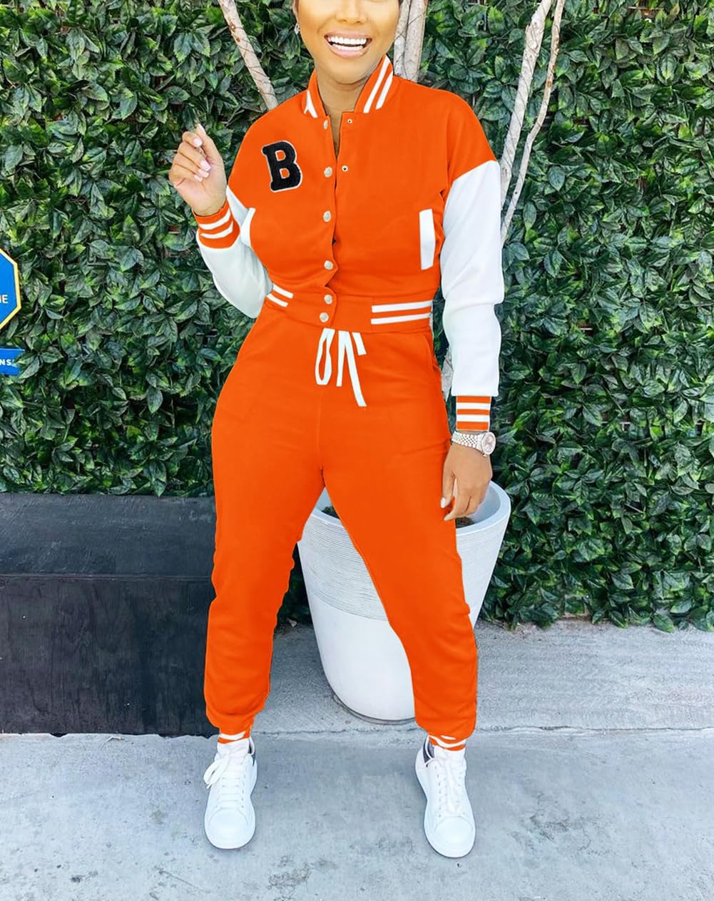 Fooullaide Women's Varsity Jacket Sweatsuit 2 Piece Tracksuit Crop Top Button Down Letterman Jackets Pants Sets - Image 4