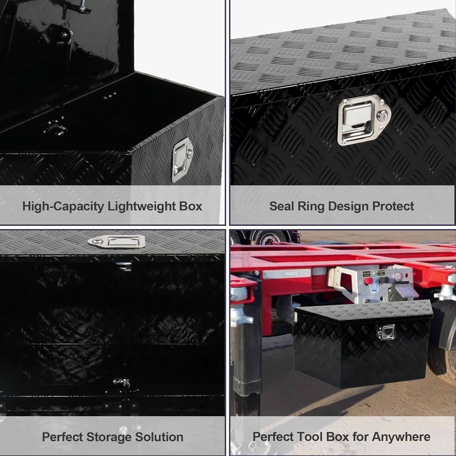 SSN 34 In Black Aluminum Tool Box Wide Utility Trailer Tongue 5 Bar Tread ToolBox for Pick Up Truck Bed RV ATV Organizer Trailer Storage Tool Box with Lock and Keys 34"X14.5"X15"
