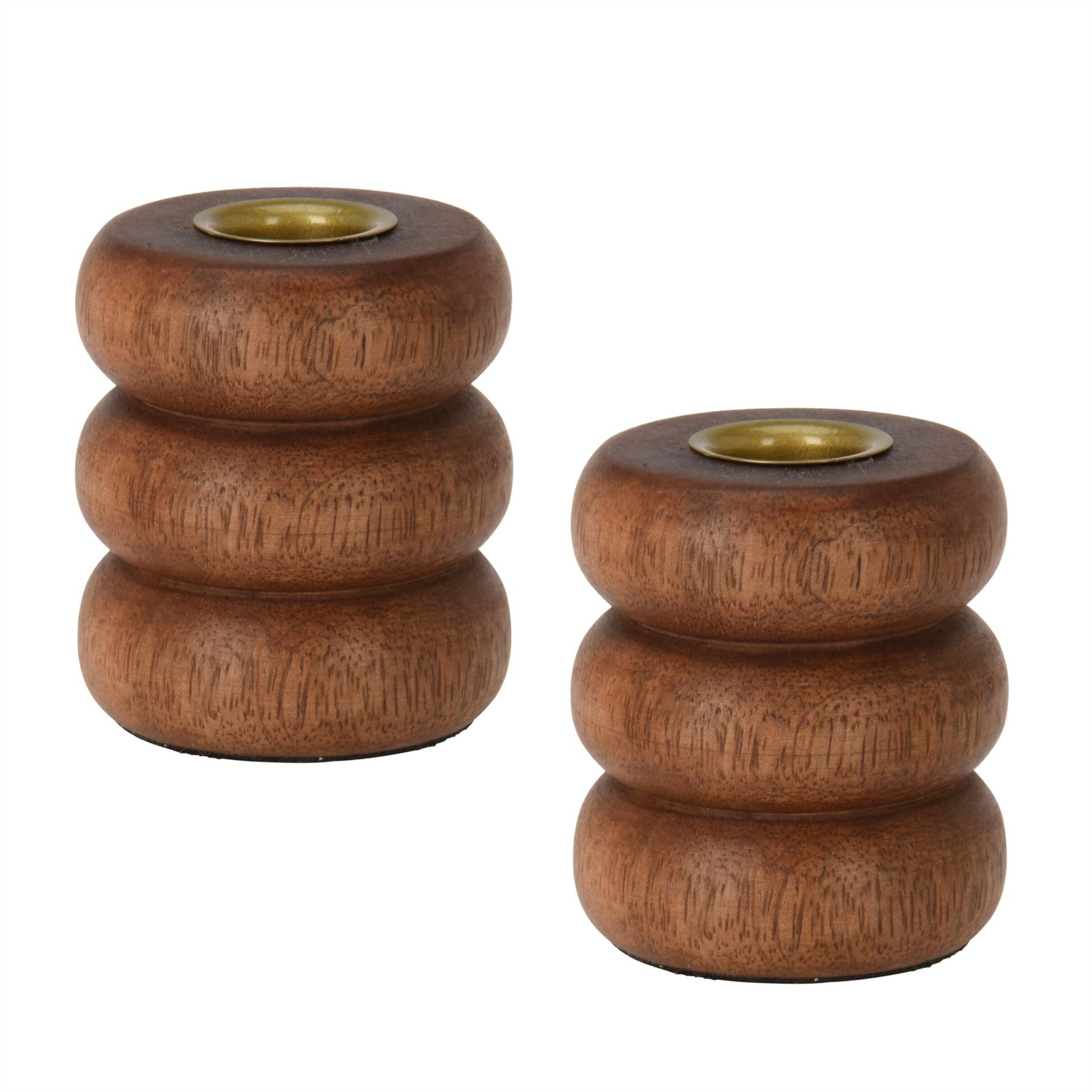 Carousel Home Natural Set Of 2 Walnut Ribbed Wooden Candlesticks | Rustic Round Candle Holders For Taper Candles | Decorative Candlesticks For Dinner Tables & Home Decor - 7Cm