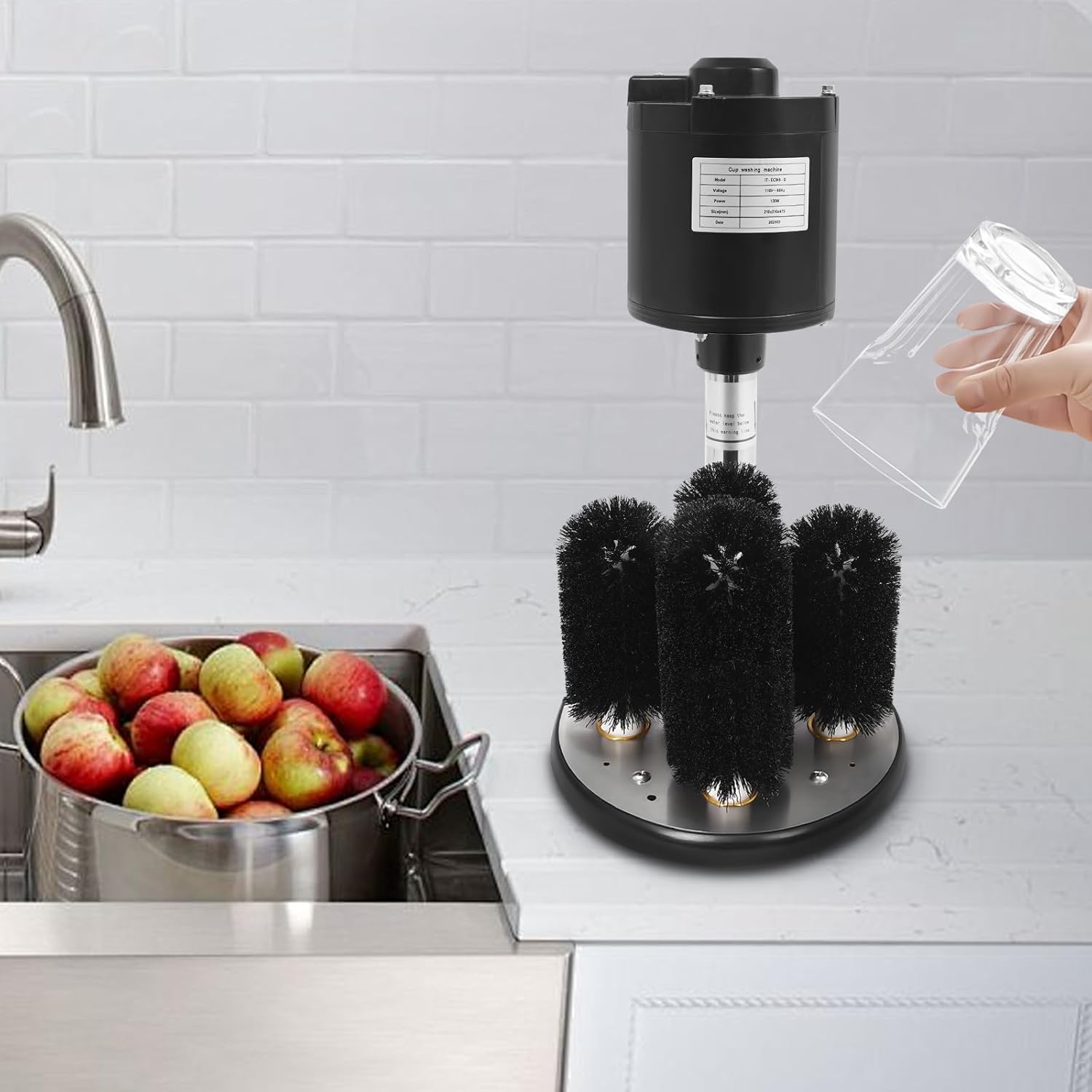Commercial 5-Brush Electric Glass Washer | 130W 300 Cups/Hour, IPX3 Waterproof & 201 Stainless Steel | Wine Glass Cleaning Machine for Bars, Cafes, Restaurants