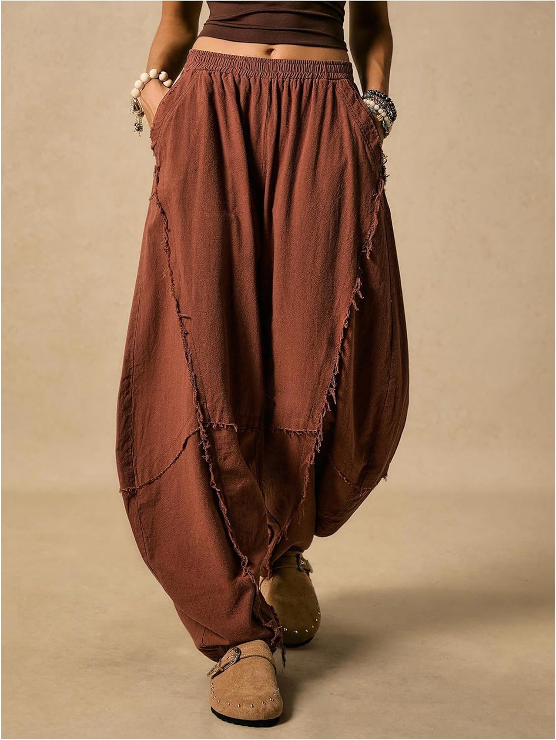 BEAUDRM Women's Linen Harem Pants Vintage Raw Trim Loose Fit Pirate Costume Trousers Hippie Renaissance Pants