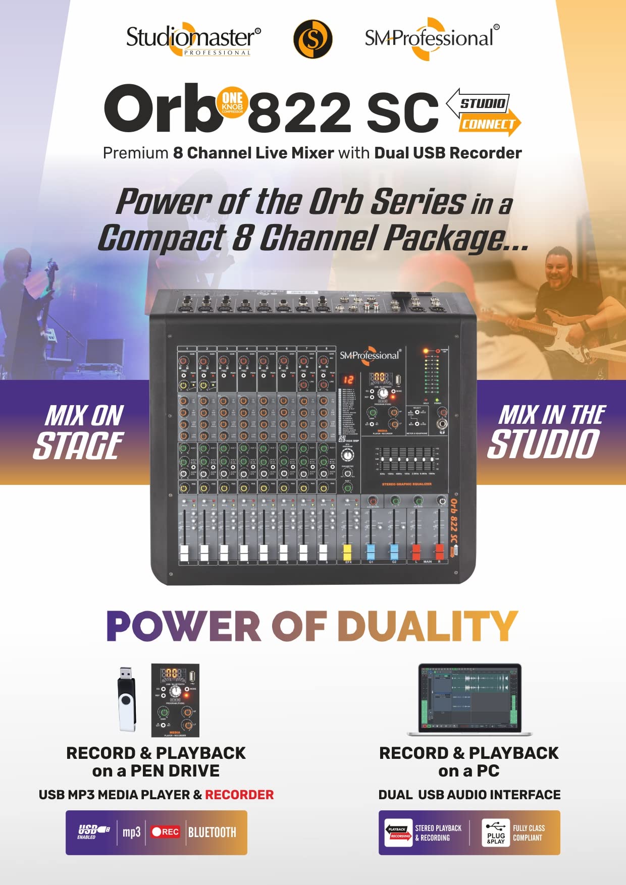 ORB-822 SC Studiomaster 8 channel live audio mixer with One Knob ...