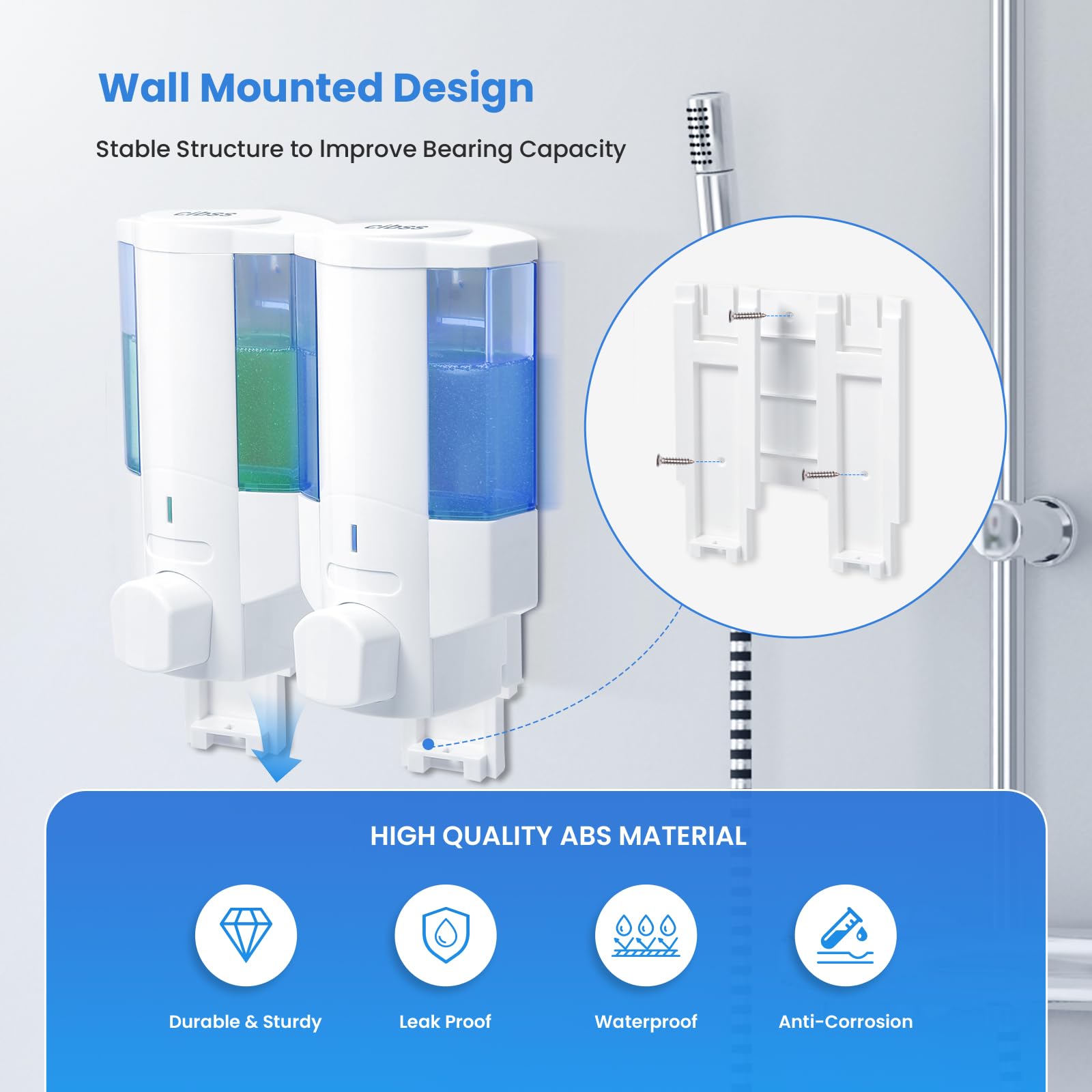 Dispensador de jabón de ducha, 2 cámaras de 350 ml, 2 dispensadores de champú y acondicionador, sin taladro, dispensador de champú montado en la pared para ducha, dispensador de ducha montado en la