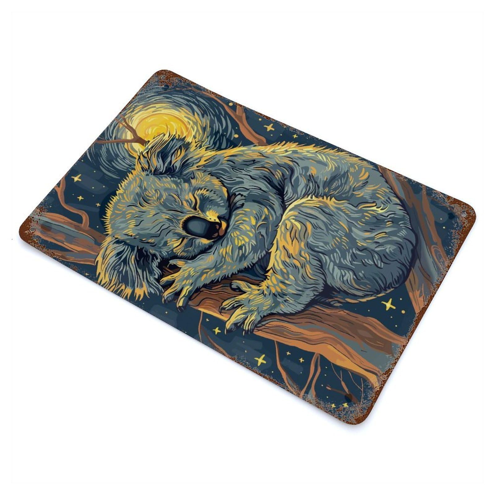 Rust Effect Sleeping Koala in Starry Night Distressed Metal Wall Sign 11.8"x7.9", Decorative Metal Wall Art for Living Room, Hallway And Home Decor