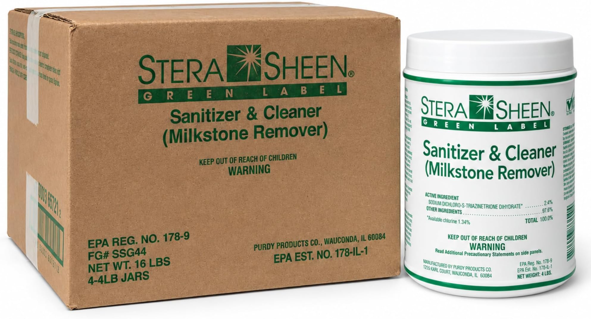 GREEN LABEL Stera-Sheen Sanitizer by Purdy Products - 1 Case of 4 x 4 Pound Jars