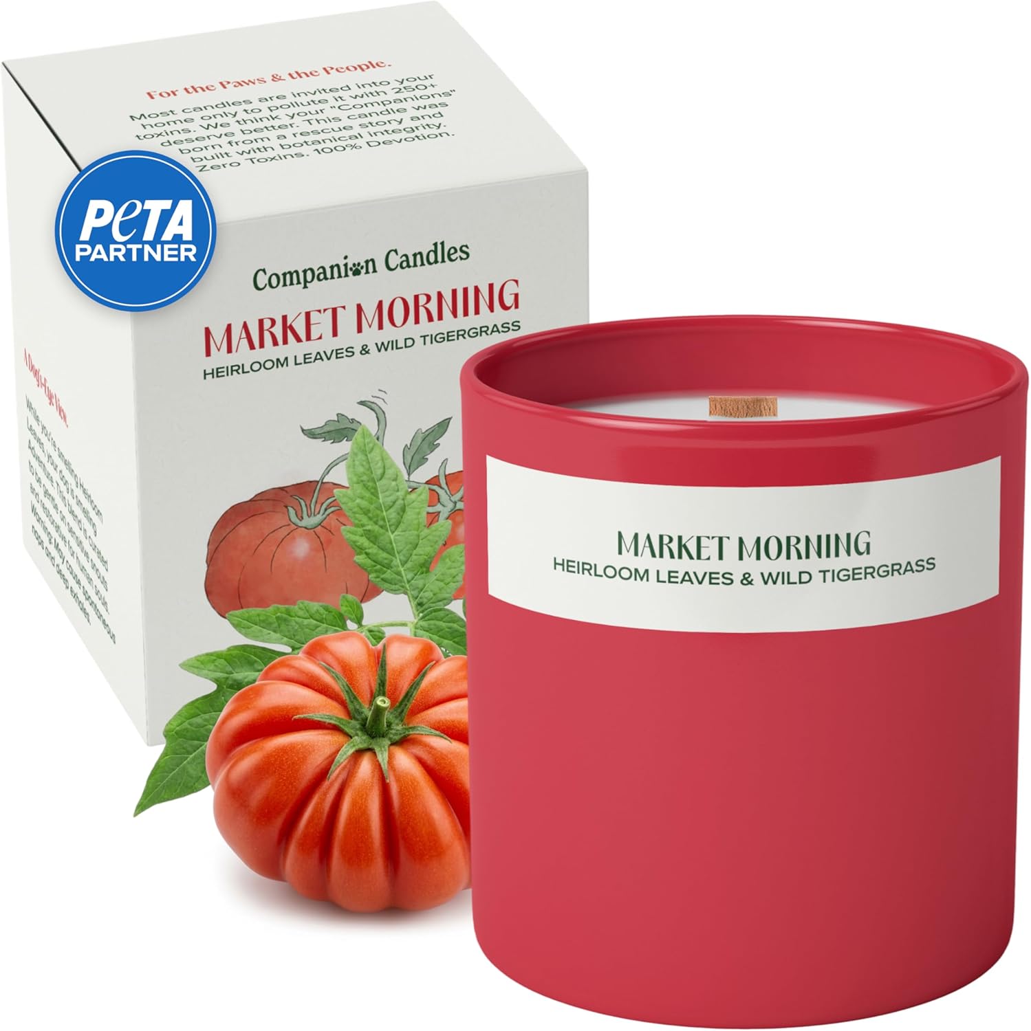Companion Candles Market Morning Pet Friendly Candle - Heirloom Tomato & Tigergrass - Coconut Soy Wax Non Toxic Candle with Wood Wick, Pet Odor Eliminator, 50hr Burn, Made in USA, 11.8oz