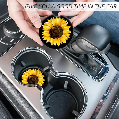 Miniatura 7 de Portavasos para automóvil, elegantes posavasos de cerámica con estampado de girasol, inserto antideslizante con agarre para la punta del dedo,