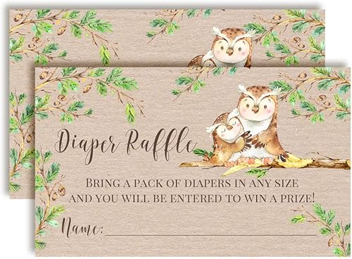 "Guess Whooo" - Boletos para rifas de pañales con temática de búho de acuarela para baby showers, 20 tarjetas de inserción de doble cara de 2 x 3
