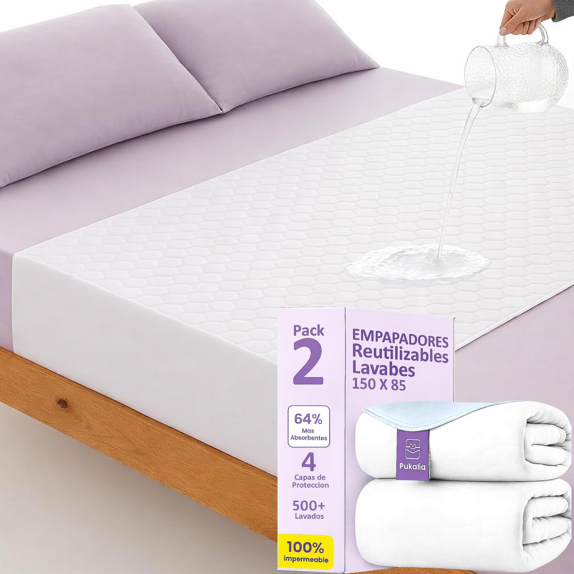 Empapadores Cama Adultos 150 x 85cm con Alas (Pack x2) Lavables – 4,7L Ultra Absorbentes 3,5Lm2 – Sin Fugas, Sin Ruidos – Protección Nocturna para Incontinencia, Mayores y Bebés –