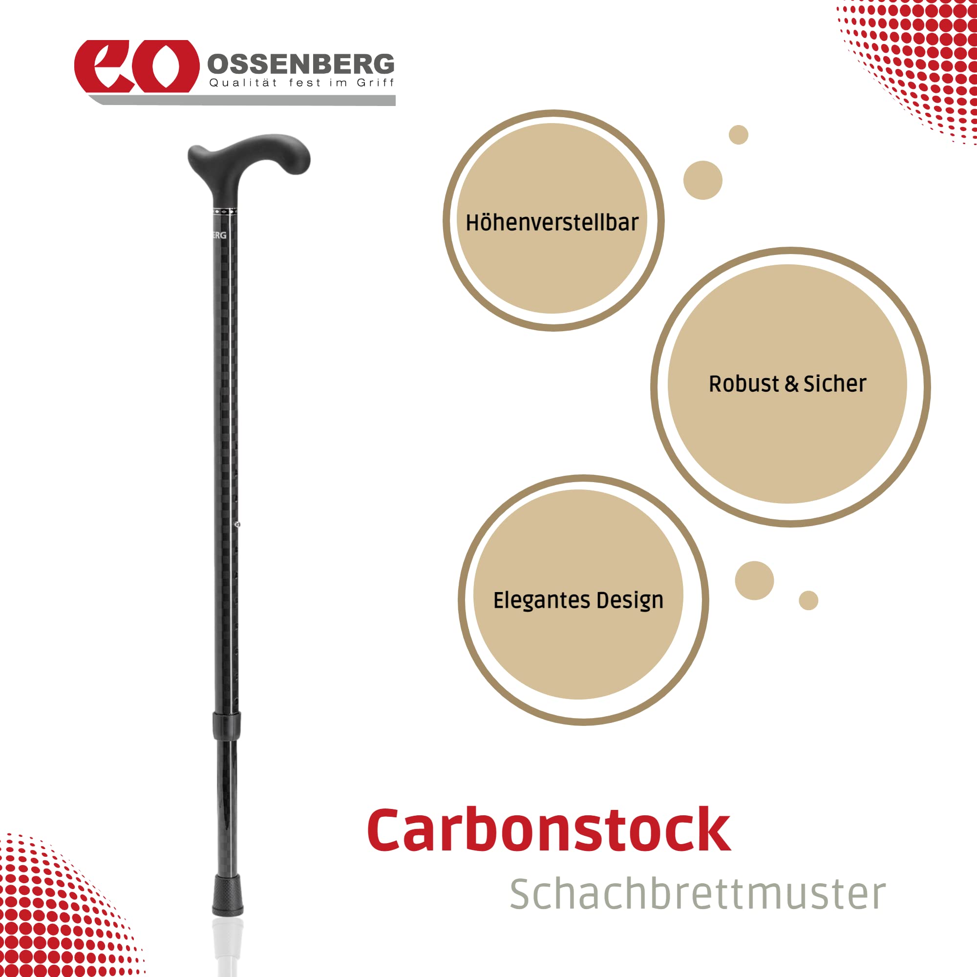 Ossenberg Carbonstock Schachbrettmuster - 120 KG - Derbygriff softtouch - Carbon Wanderstock - Gehhilfe - Gehstock - hohe Belastbarkeit - extra leicht - rubust & stabil