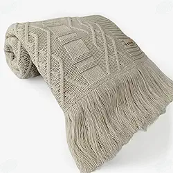 Manta de Tricô com Franjas Padrão Geométrico 150x90cm para Sofá Poltrona Sala Decoração (Bege Papiro)