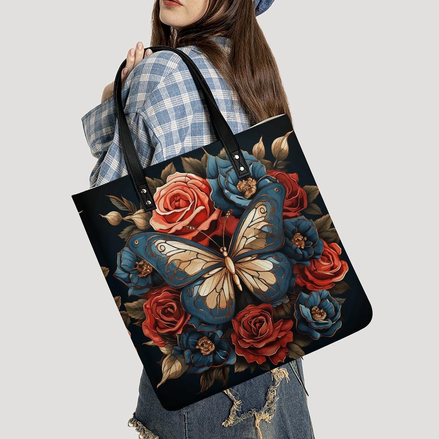 Butterflies And Roses Handbags Large Capacity, Tote Bag Stylish Slouchy, Shoulder Bags for Work Beach Travel And Shopping Grocery.