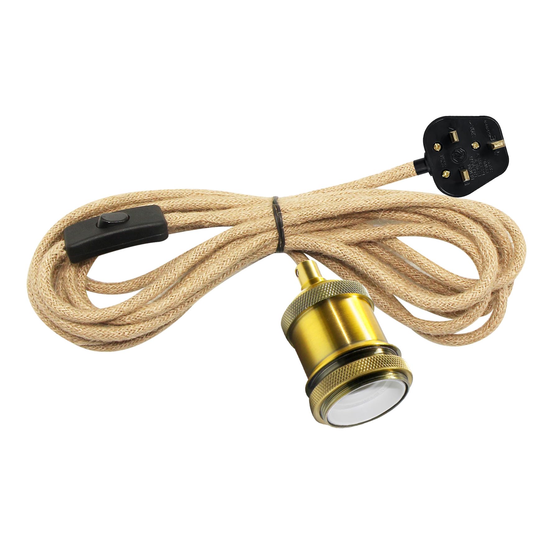 Hemp Rope Plug in Pendant Light 5M, E27 Lamp Holder with On/Off Switch, Plug in Ceiling Light Cord, Rope Lighting Fitting, Vintage Hanging Kit for DIY Home Creativity, Indoor Lighting, Bronze