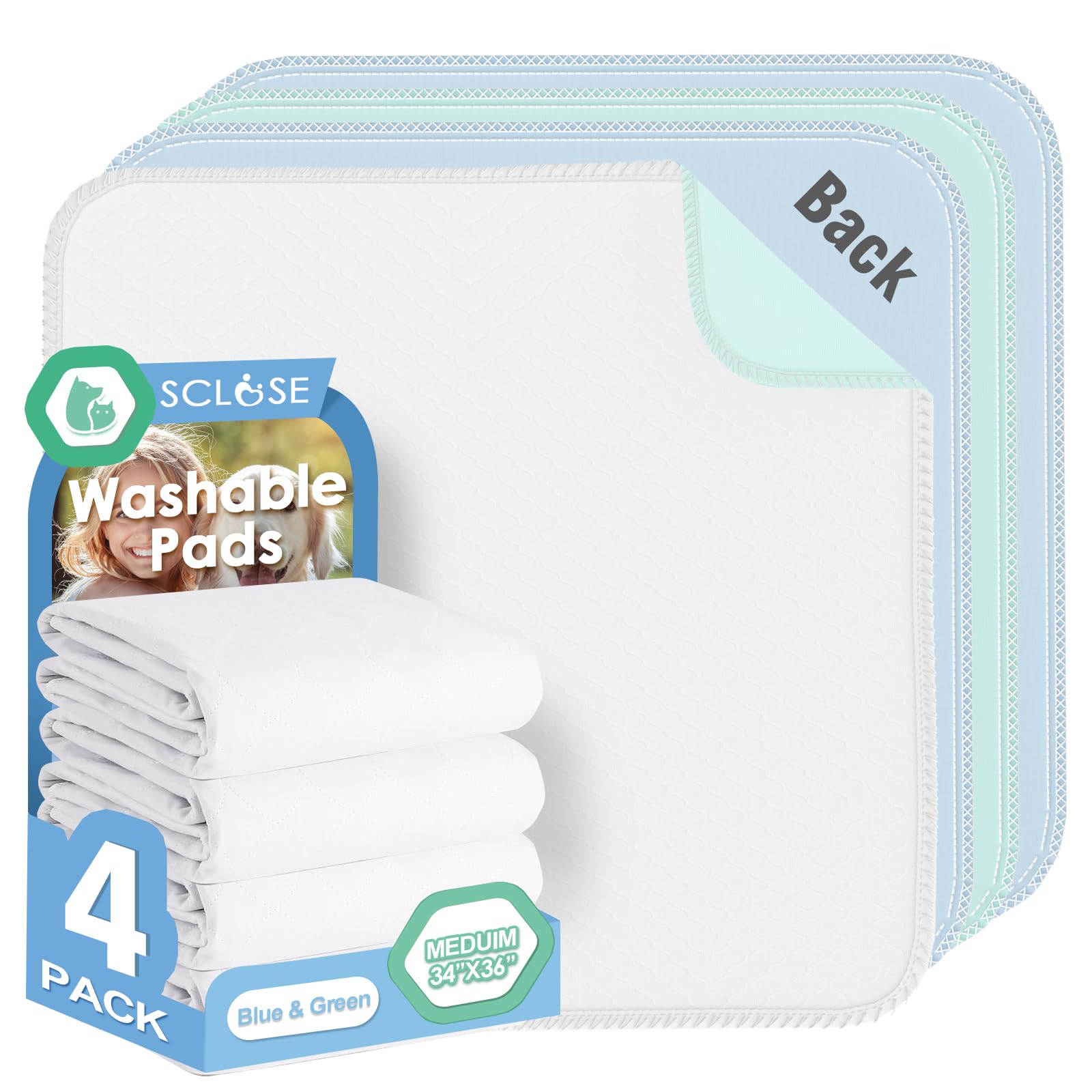 SCLOSE Washable Pee Pads for Dogs 4 Pack, 34" x 36" Waterproof Incontinence Bed Pads for Adults, Elderly and Kids, Nursing Pads, Chucks Pads, Super Asorbent Training Pads, Whelping Pads, Blue &amp; Green