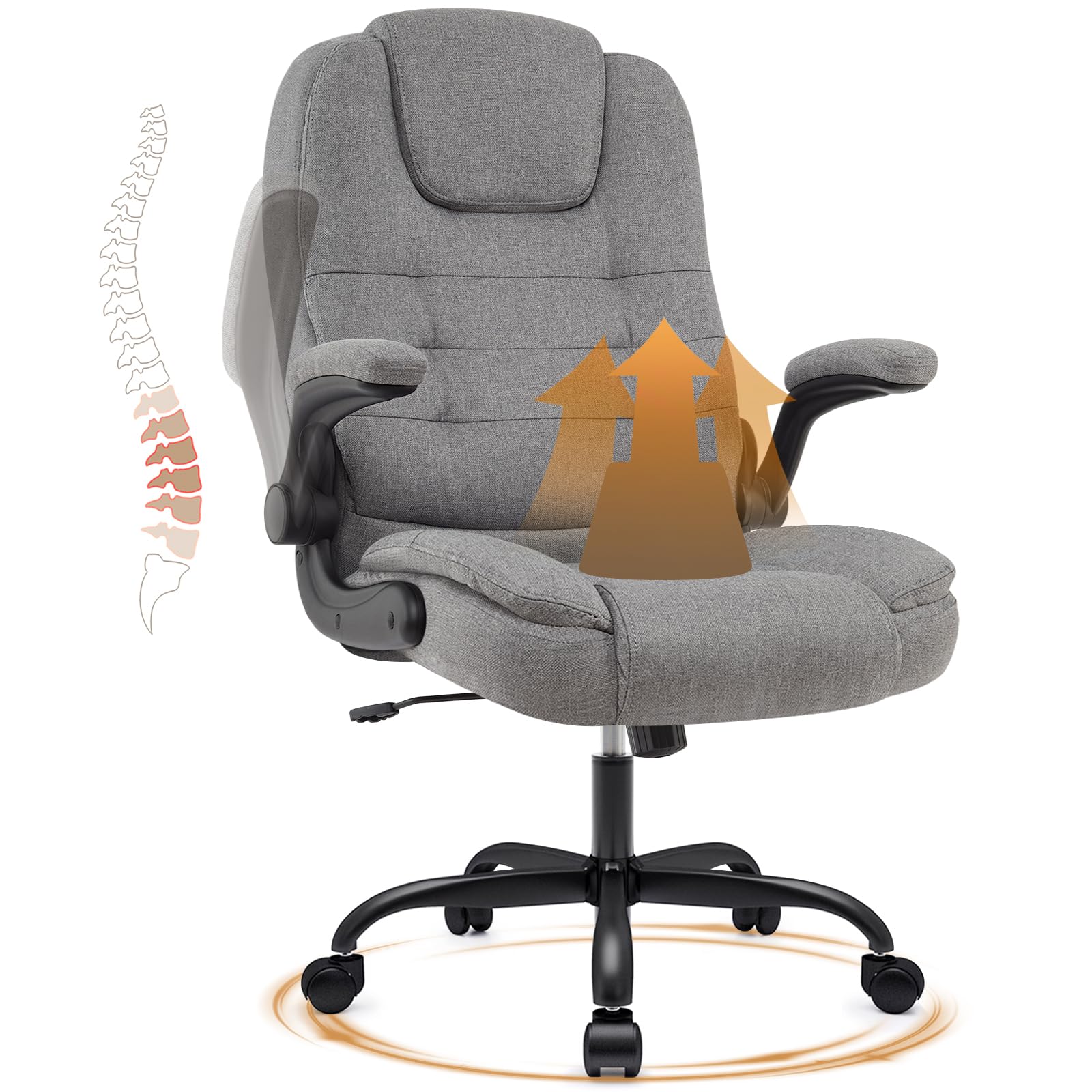 IWMH Ergonomischer Bürostuhl,Schreibtischstuhl mit Hochklappbaren Armlehnen | Chefsessel Stoff Hohe Rückenlehne Höhenverstellbar für Home Office & Büro (Grau)