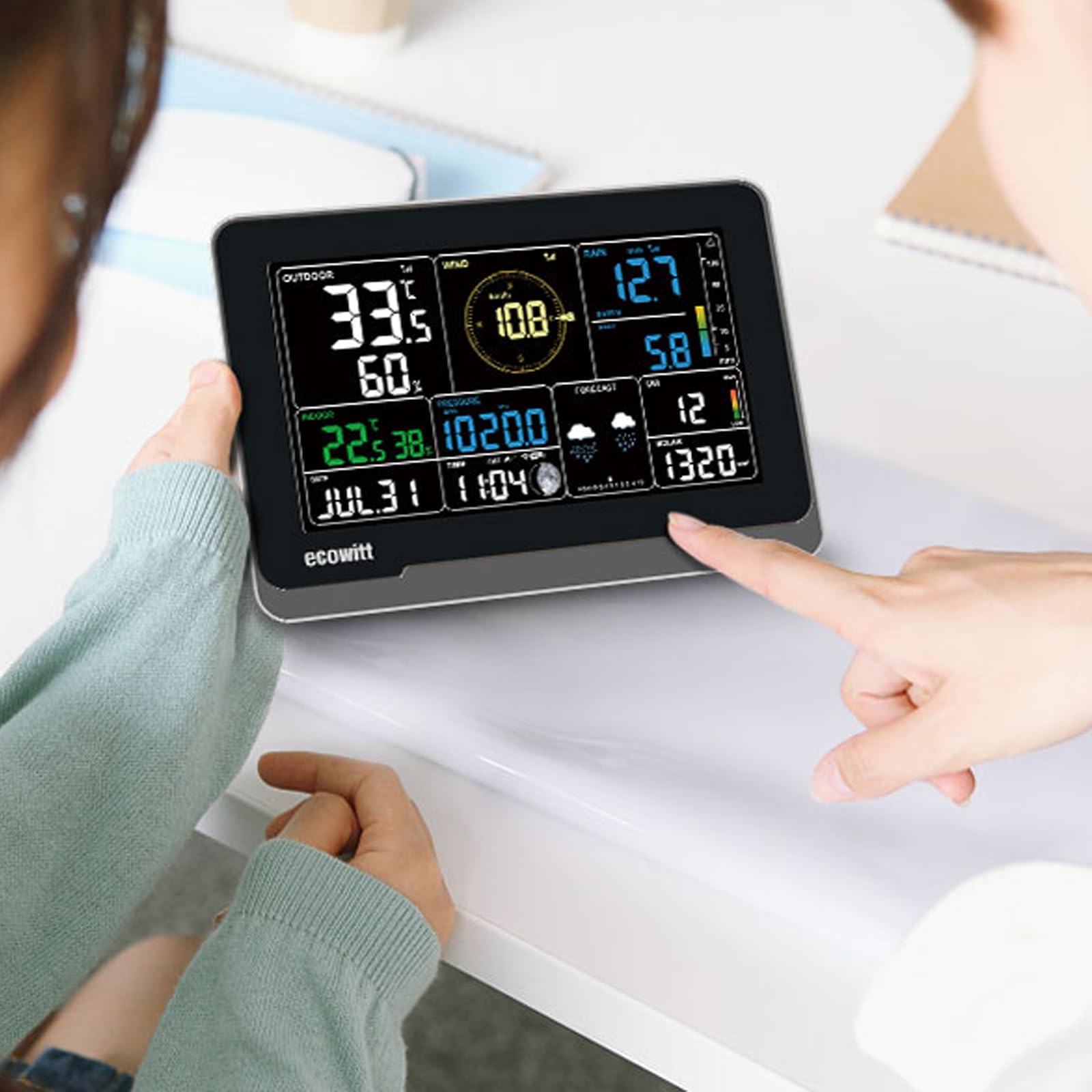 ECOWITT 3-in-1 WS3900_C Console d'intérieur LCD couleur, écran 7.5 pouces Capteurs de température, d'humidité et de pression barométrique intégrés, assistance météo pour WS90/WS85/WS69/WS80