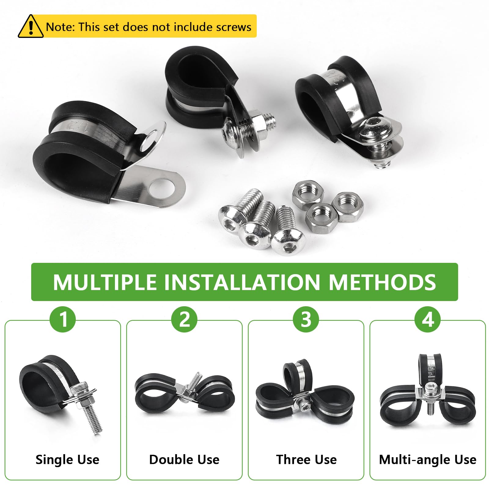 2 stuks roestvrij staal met rubber beklede P-clips kabelmontage slangklem R-type rubberen kabelbevestiging pijpklem (Color : Black, Size : 8MM