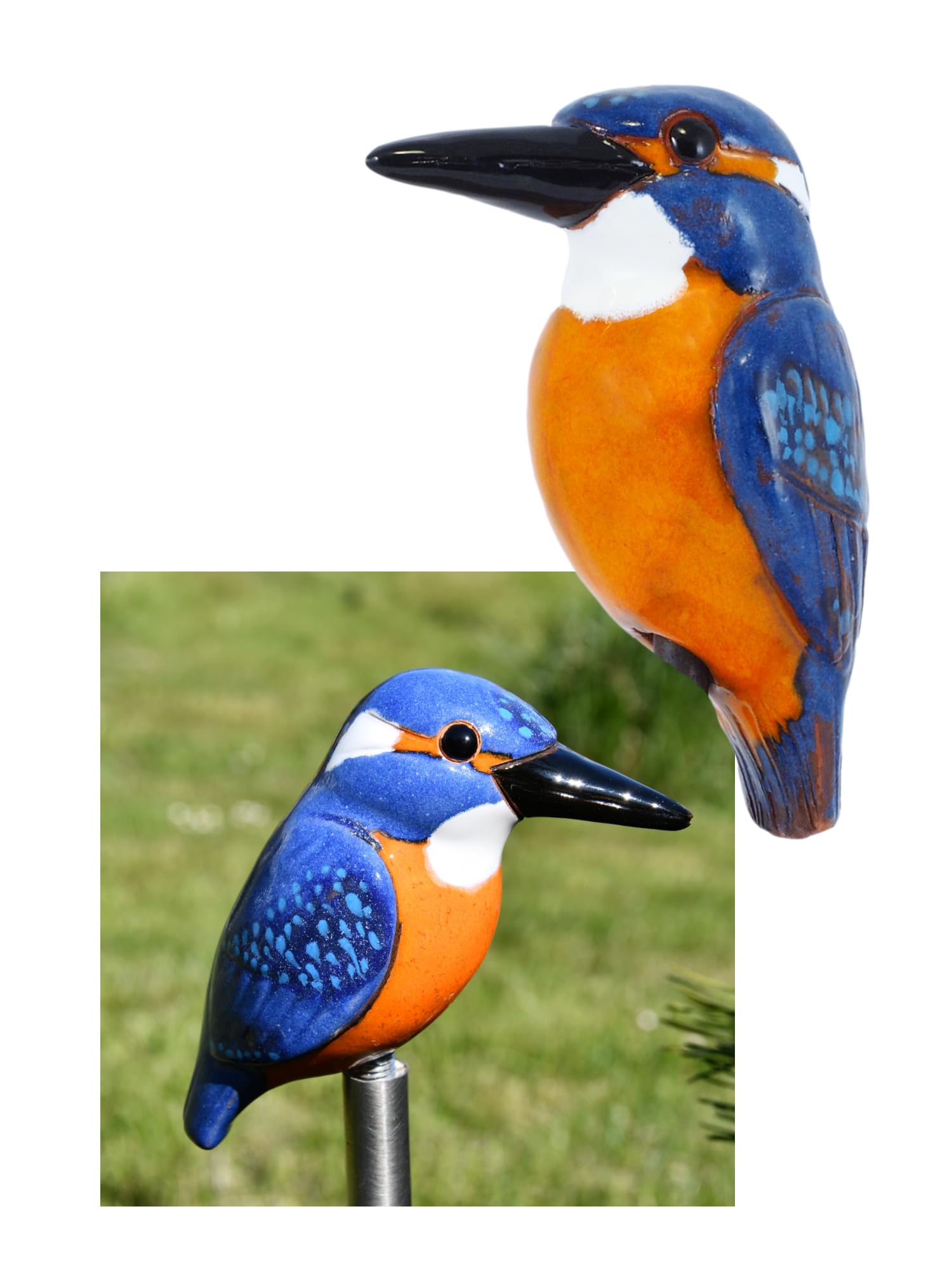 Gartenstecker Keramik Handgefertigt - Gartendeko für Draußen Wetterfest - Garten Deko Keramik - Vogel Gartenfiguren & Gartenstatuen - Eisvogel