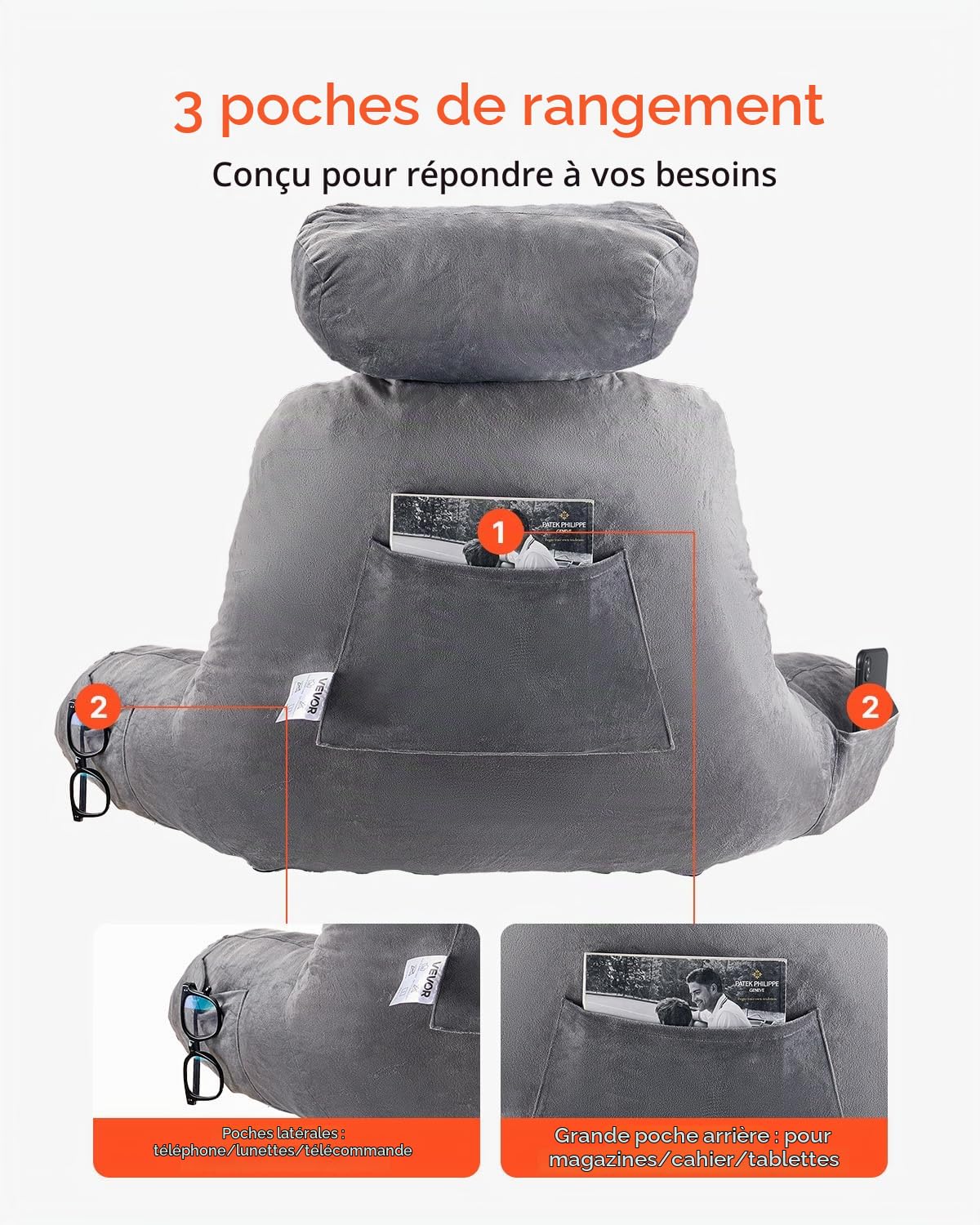 VEVOR Coussin de lecture avec appui-tête amovible, grand oreiller de lecture en mousse à mémoire de forme, avec 3 poches et tissu en velours court lavable, côtés avec poignée, pour lire et jouer, gris