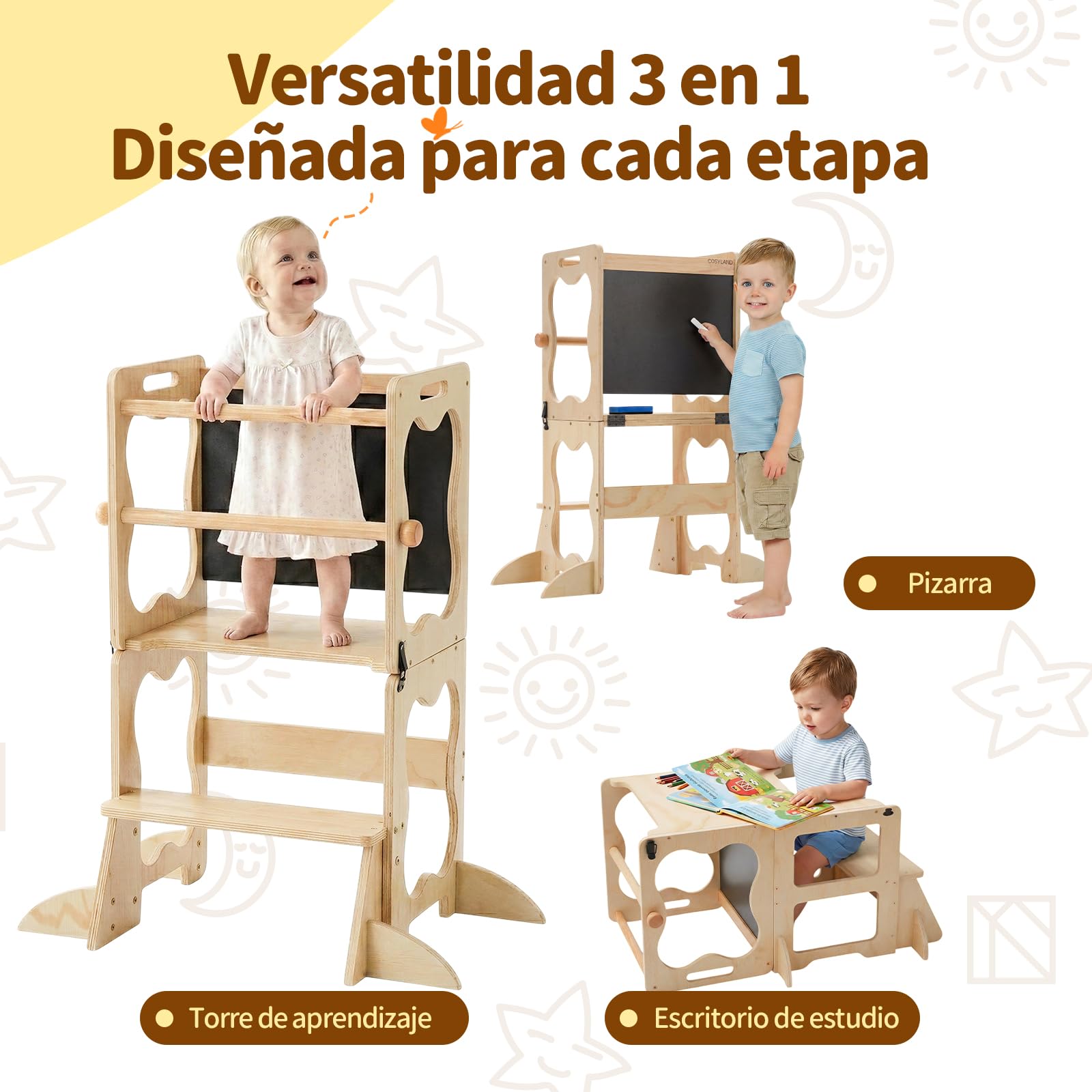 COSYLAND Torre de Aprendizaje Montessori 3 en 1 Convertible con Pizarra | Madera maciza, estructura en A con soportes de esquina; mesa con silla y pizarra para cocina, lavabo y dibujo