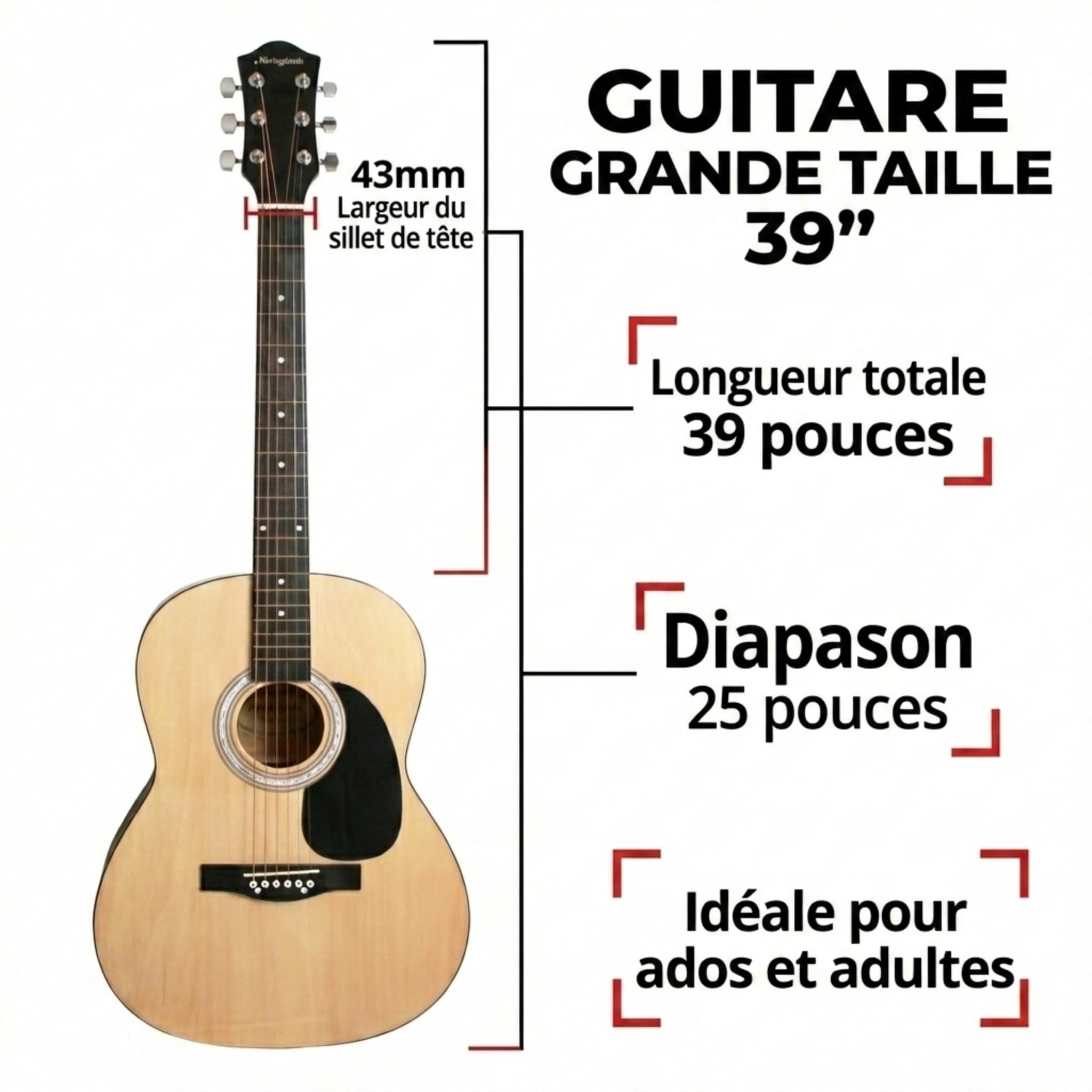 Martin Smith Kit Guitare Acoustique Taille Standard pour Débutants, Naturel, 6 Cordes Acier avec Support, Accordeur, Housse, Sangle, Médiators et Cours