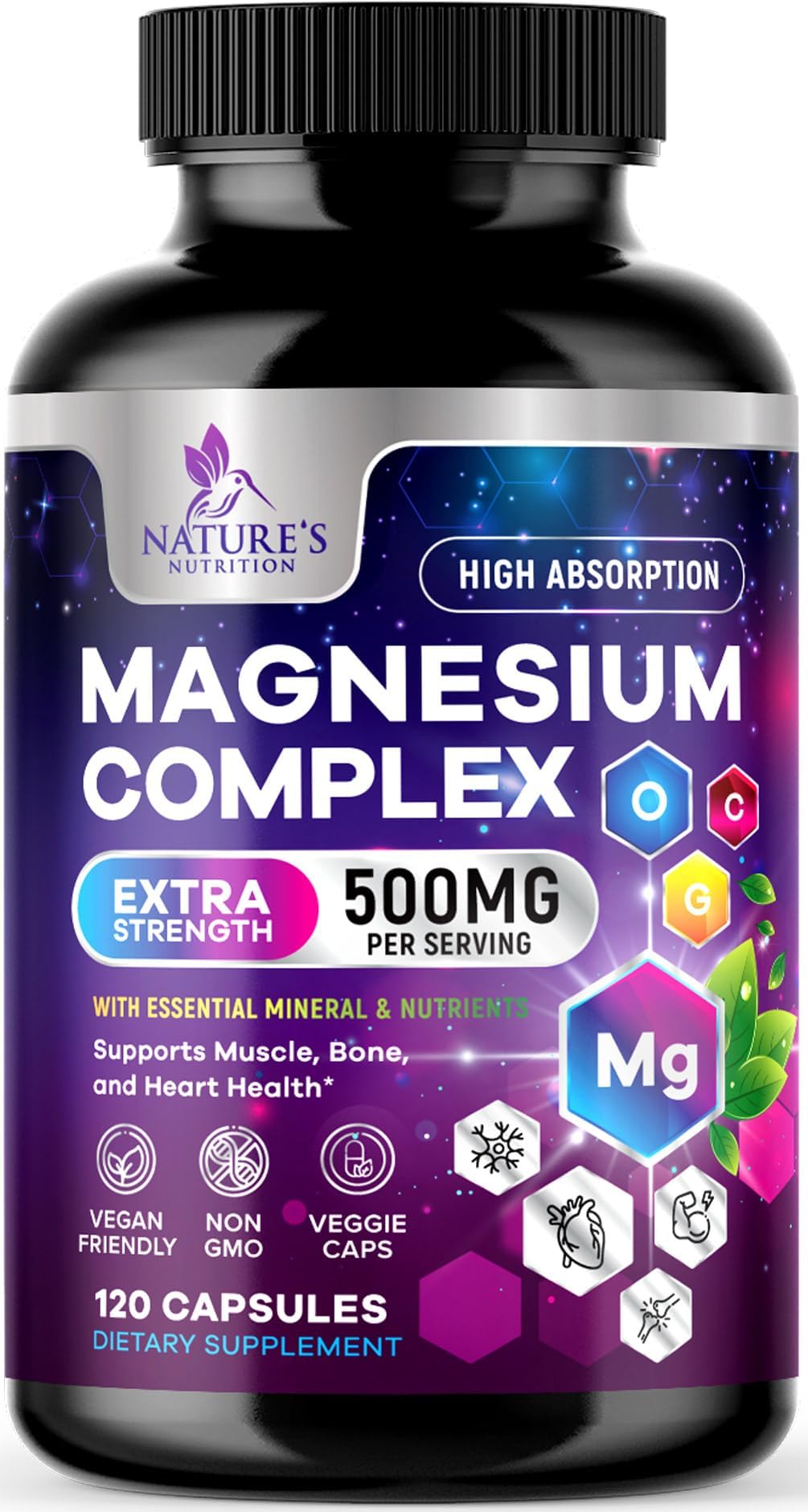 Magnesium Complex Supplement - Magnesium 500 mg Per Serving - 4 in 1 High Absorption Blend - 100% Chelated Magnesium Glycinate with Malate, Citrate & Oxide - Vegan Complex - USA Bottled - 120 Capsules