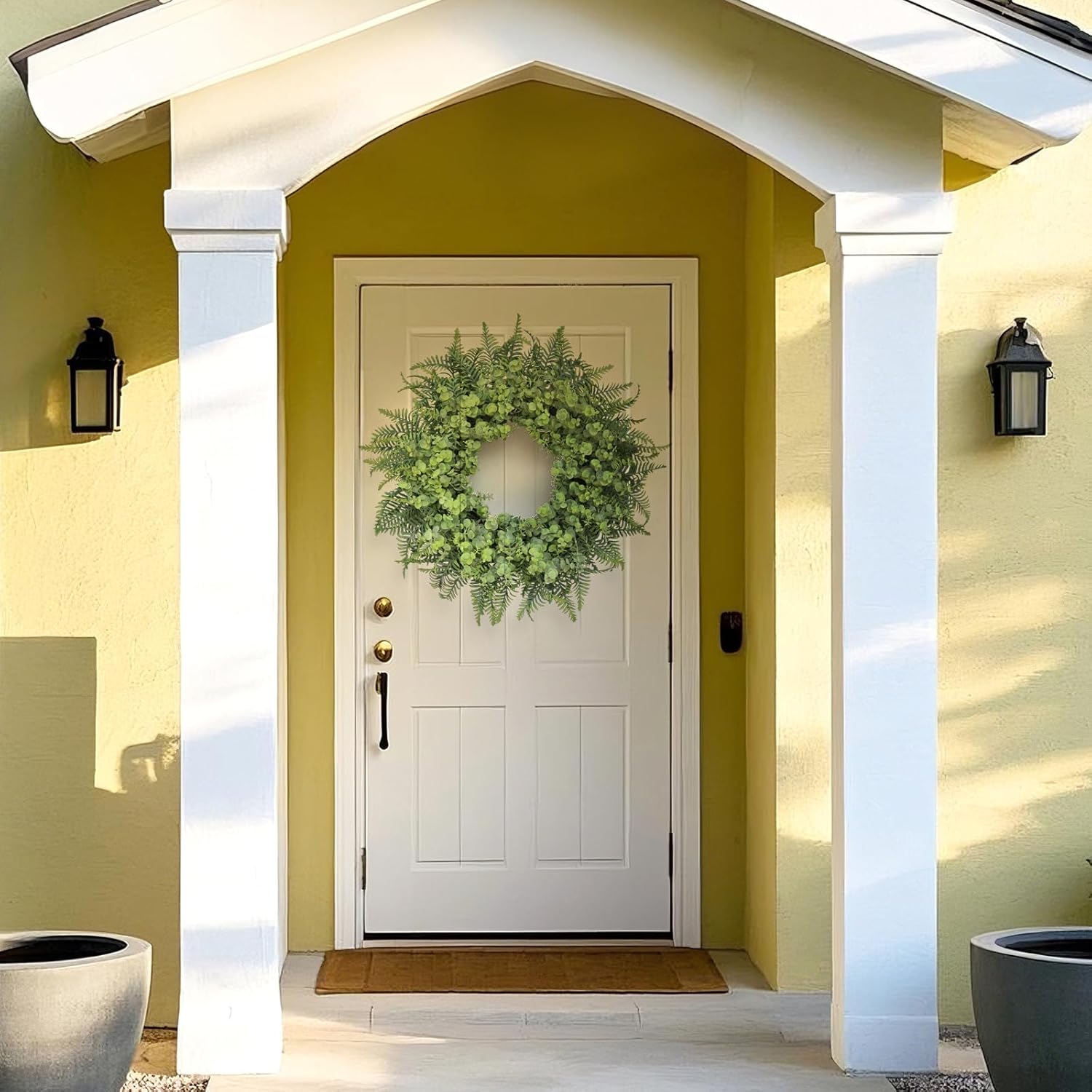 26'' Eucalyptus and Boston Ferns Wreath for Front Door - Large Artificial Greenery Outdoor Wreath for Porch,Window,Farmhouse,Home,Hanging Decor- Spring, Summer, All Seasons (Gray-Green) - Image 8