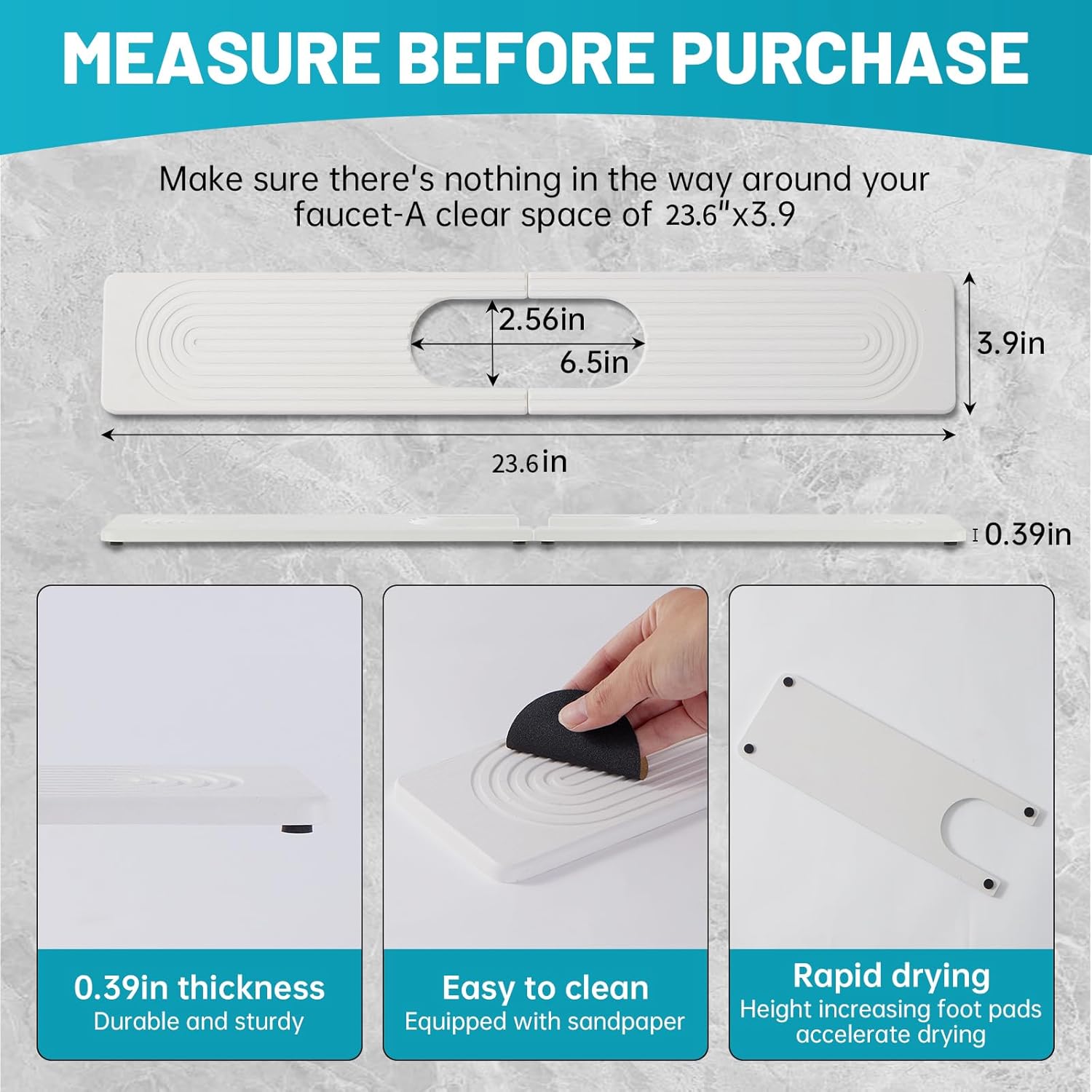 Stone Faucet Mat for Kitchen Sink with Oval Hole – 23.6" × 3.9" Diatomite Drying Stone Mat & Sink Protector, Quick-Dry Splash Guard Water-Absorbing Tray for Bathroom Counter（White.23.6 x 3.9）