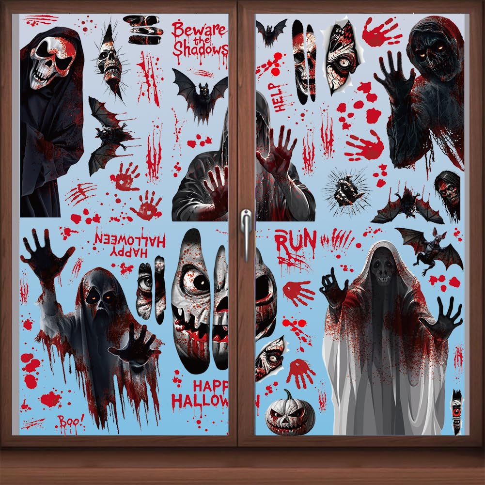 WFKKMEQ Halloween Scary Window Decorations, Removable Electrostatic Halloween Window Sticker, Double Sided Window Decals, Scary Accessories for Party, Party Decor Supplies (6 Sheets)