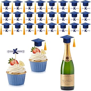 Breling 48 Pcs Mini Graduation Caps Blue and Gold Felt Gold Tassel Grad