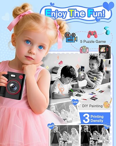 Miniatura 3 de Cámara de impresión instantánea para niños, cámara digital negra clásica para niños de 3 a 12 años, 1080P HD con tarjeta SD de 32 GB, modo selfie y