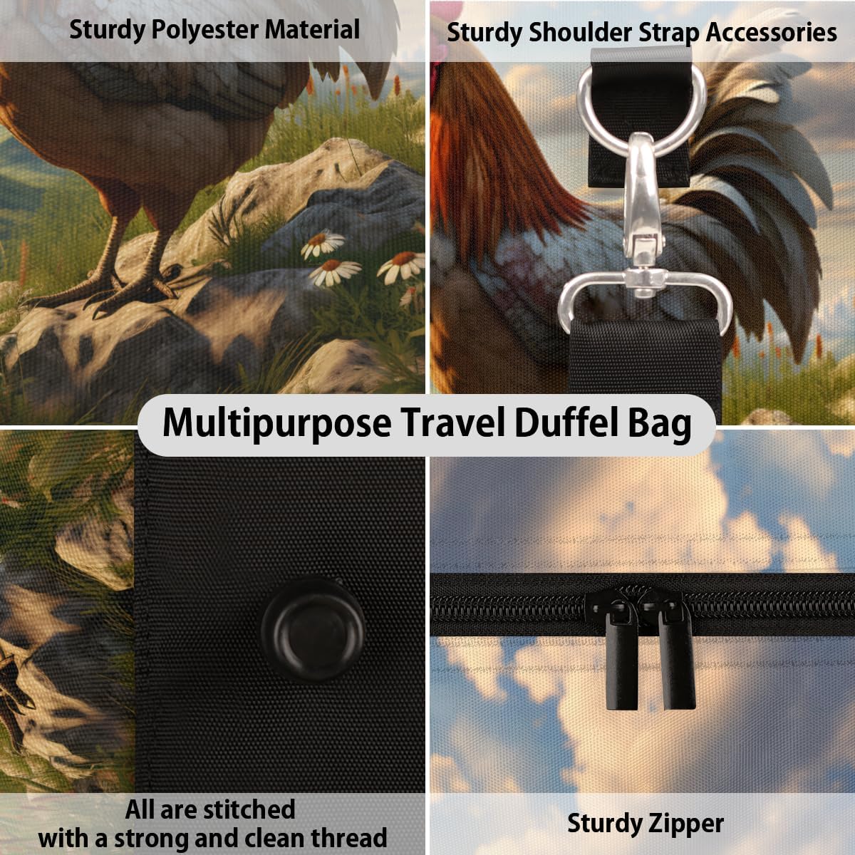 Mountain Flower Grass Rooster Travel Duffel Bag for Women Men Large Capacity Overnight Weekender Bags for Lightweight Waterproof Sport Gym Bag for Workout Yoga Swim