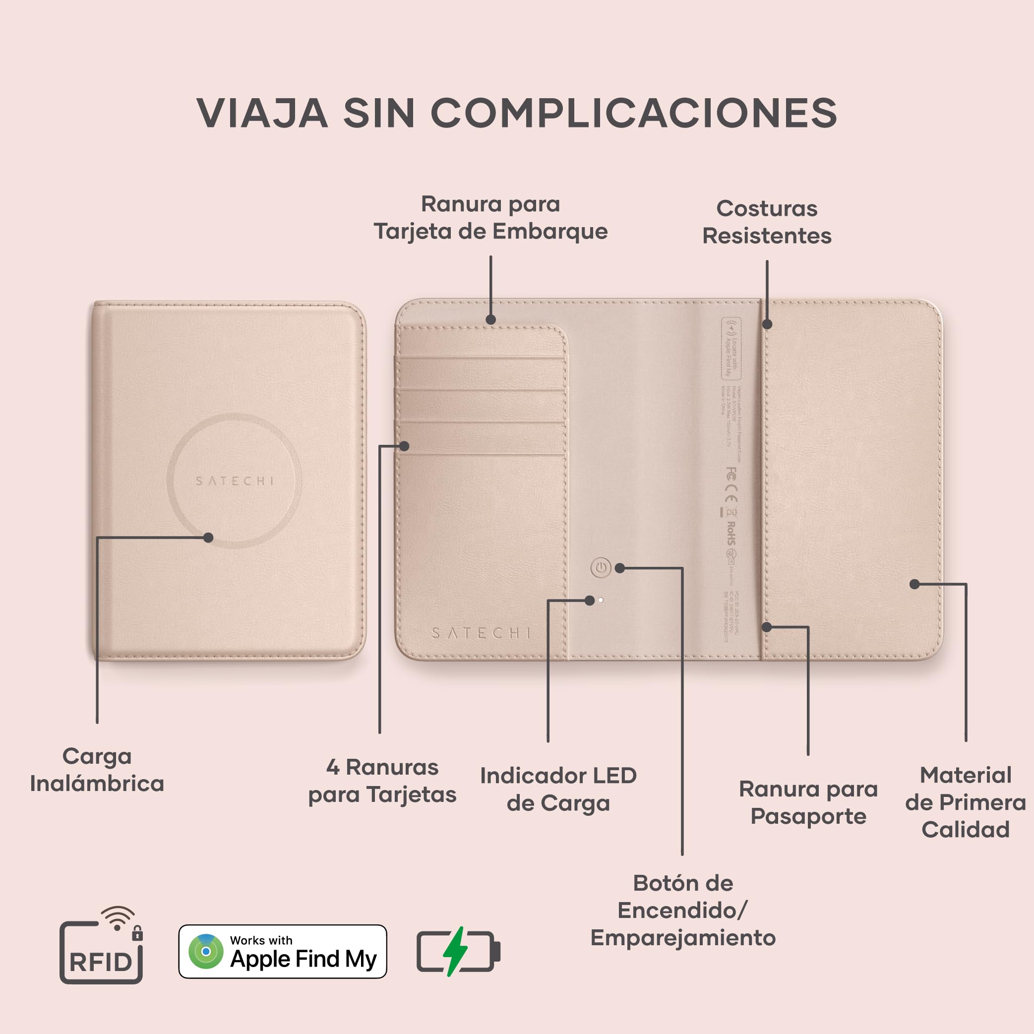 SATECHI FindAll Funda Pasaporte para Viaje con Find My con 4 Slots para Tarjetas, Carga Inalámbrica y Protección RFID, Compatible con App iOS Buscar, Material Premium (PU) - Rose