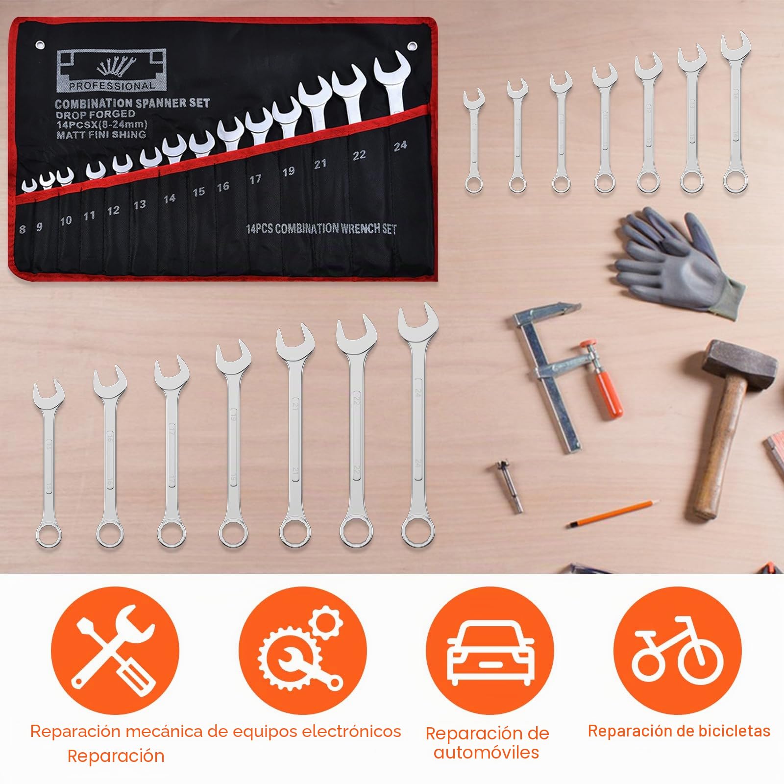 Mesybveo 14 Piezas Juego de Llaves Trinquete Combinadas, 8-24mm Llaves Fijas con Carraca de Acero al Cromovanadio, Llaves Planas de 12 Dientes con Funda Enrollable, para Fijar y Desmontar