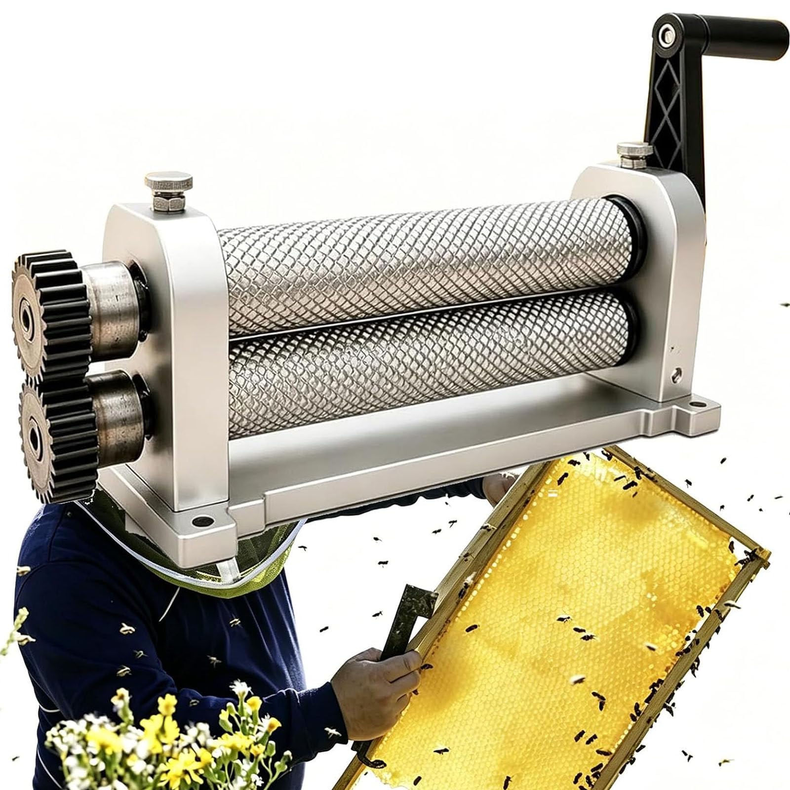 ZXSYYDS Manual Beeswax Comb Foundation Roller Mill, 280mm Bee Wax Sheet Roller Mills Machine, Hand Press Beeswax Embossing, Aluminum Alloy Honeycombs Printing Stamper for Beekeeping 5.4mm