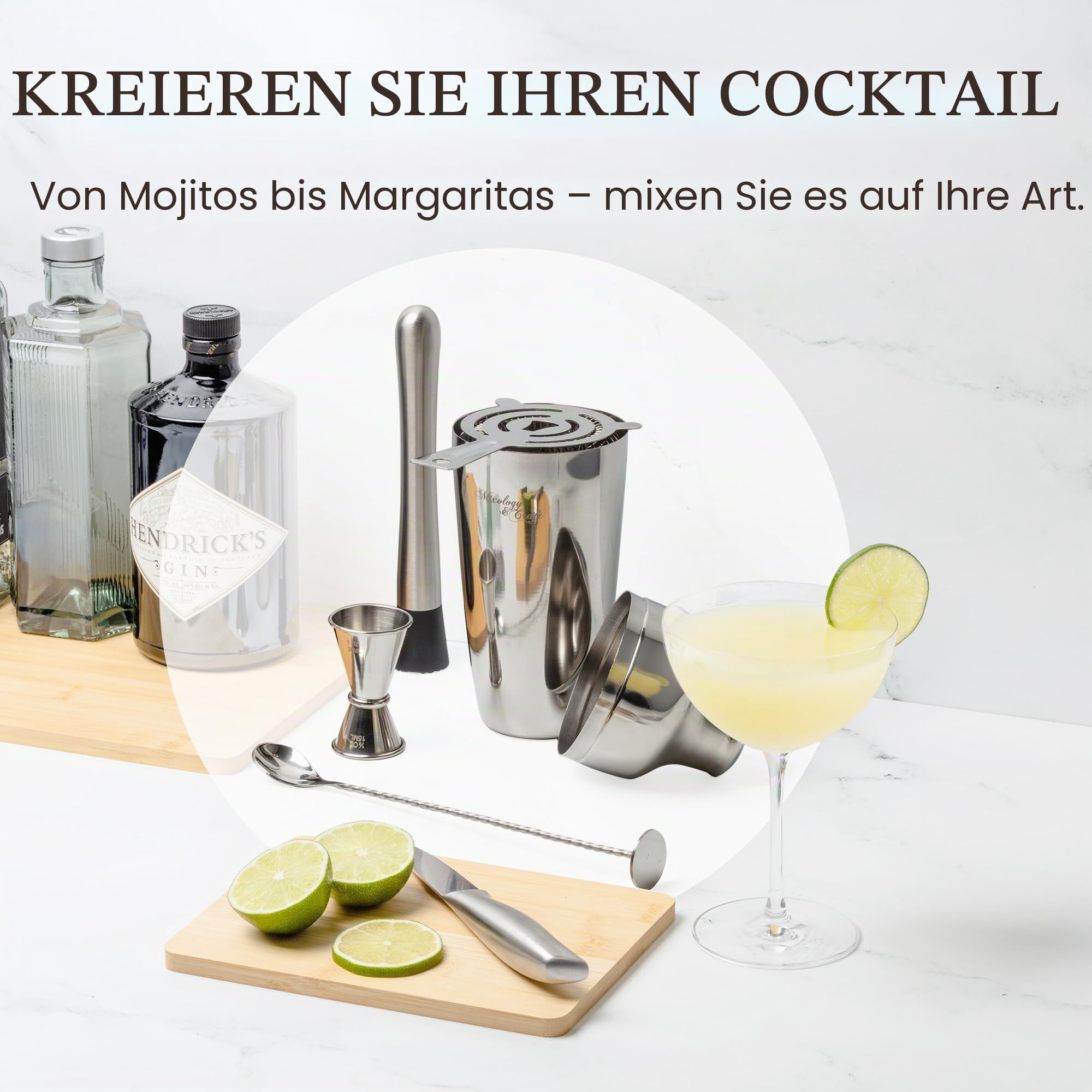Mixology & Craft Cocktail Set (10-tlg.) - Edles Cocktail Shaker Set mit Shaker aus Edelstahl und Bar Zubehör im Holzständer aus Mahagoni - Dekoratives Geschenkset - Silber