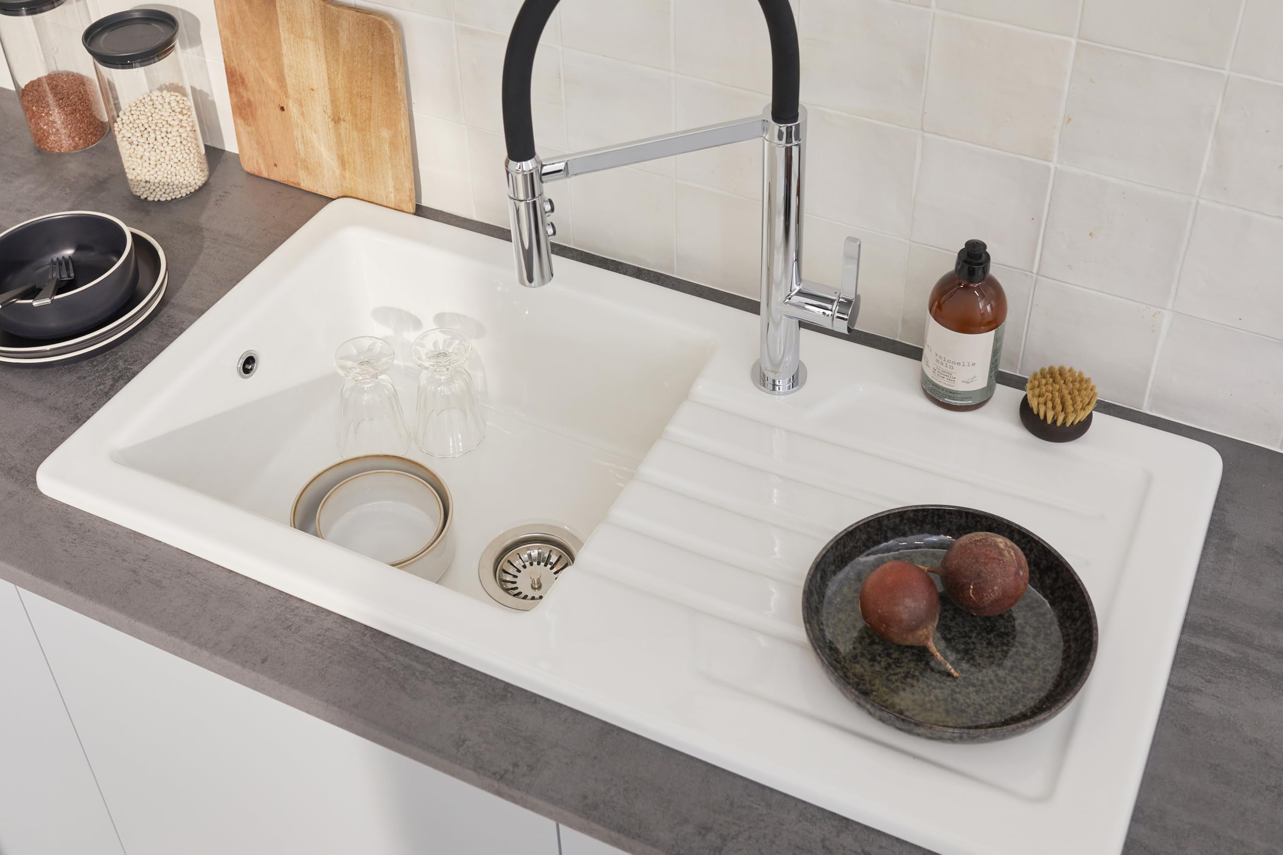 JACOB DELAFON Fregadero blanco cerámico cocina 1 seno con escurridor Duradero, higiénico, fácil limpieza y mantenimiento Reversible (grifo a izq o dcha) Medidas 100x50 cm Color Blanco GASPARD ESB02-00