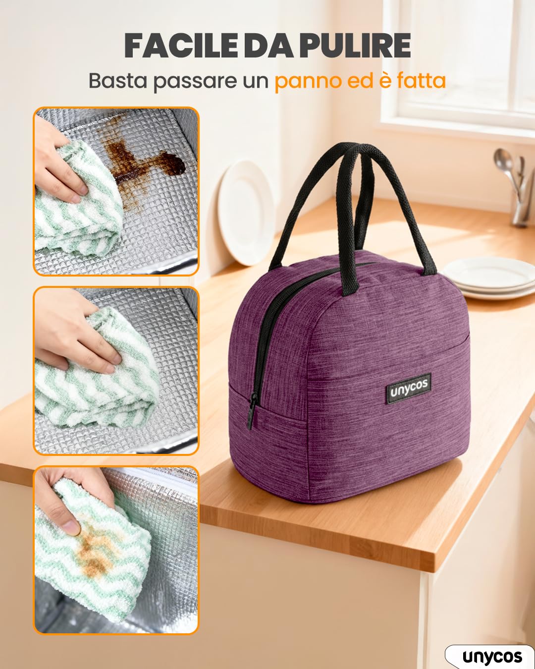 unycos - Borsa Termica 7L Manutenzione di Freddo e Caldo per Uomo/Donna/Bambino, Borsa Frigo Impermeabile Interno in Alluminio, Facile da Pulire, Lunch Box Leggera e Portatile (Viola)