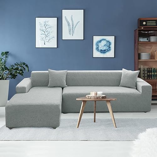 Miniatura 5 de OKYUK Funda para sofá modular en forma de L, 2 fundas de sofá impresas de alta elasticidad de 3 + 3 asientos + 2 fundas de almohada, protector