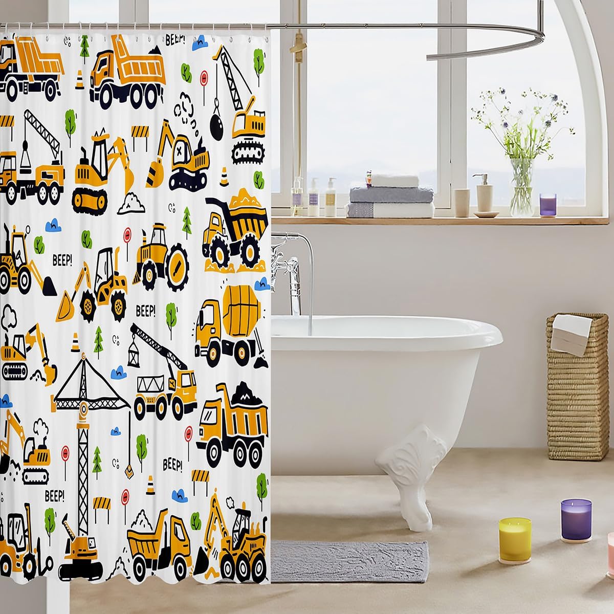 Construction Truck Shower Curtain Kids Boys Cartoon Excavator Vehicle Tractor Cars Bathroom Waterproof Accessories with 12 Hooks 72x84 Inches Machinery Equipment Yellow Decor