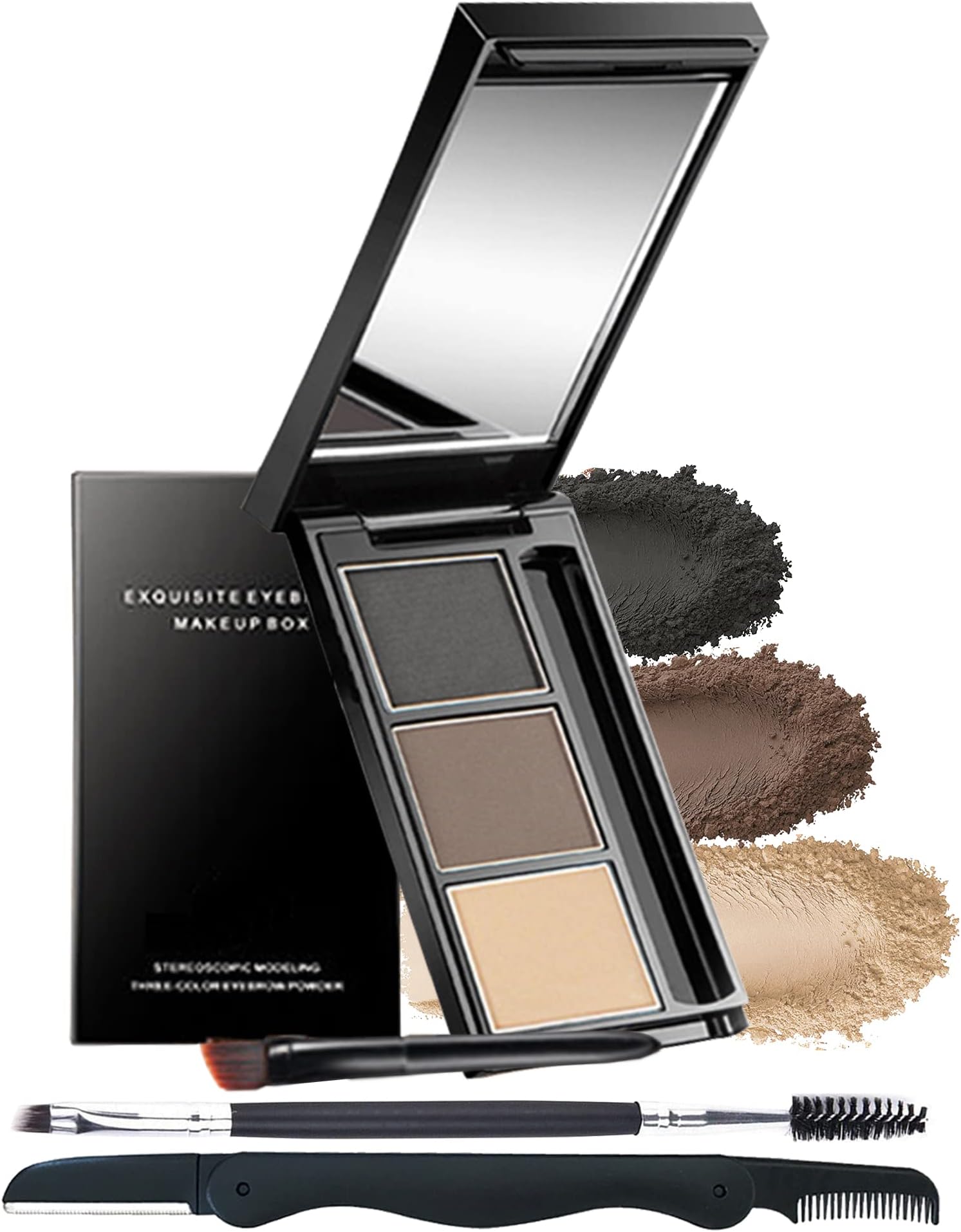 Eyebrow Powder Makeup Kit-3 Colors Eye Brow Powder Palette Long-Lasting Waterproof, Grey Brown Series Brow Filler, Fill & Sculpt Full Eyebrows for Women, With Mirror, Brow Brush & Razor-Set 03