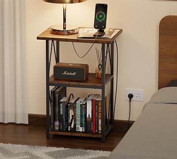 HFHOME 2025 Upgraded Extended Tabletop Record Player Stand with Charging Station, 3 Tier End Table with Vinyl Record Storage, Turntable Stand for Vinyl Player in Living Room Bedroom