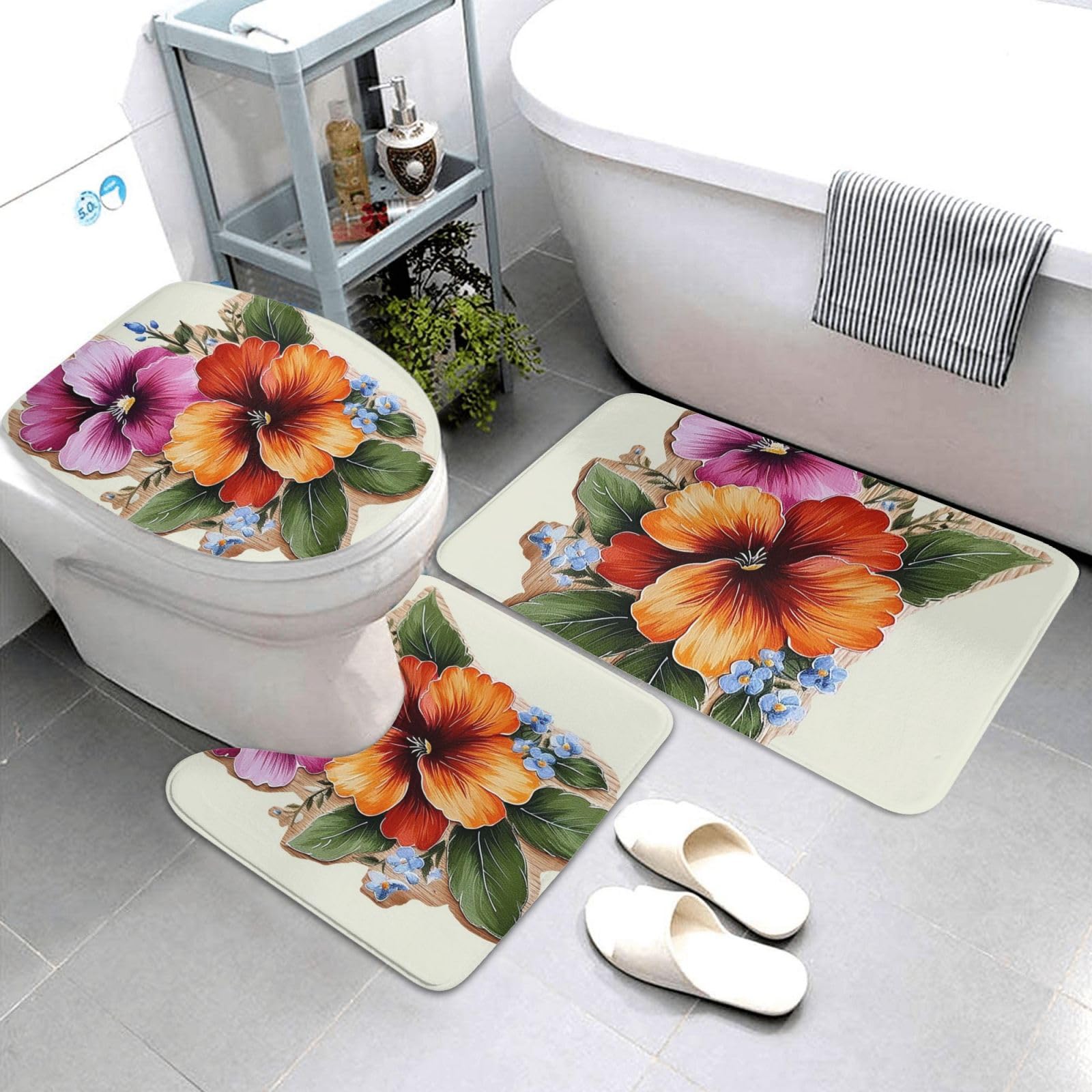 Set di 3 tappetini da bagno con fiori dipinti a mano in flanella morbida antiscivolo con coperchio per la decorazione della casa