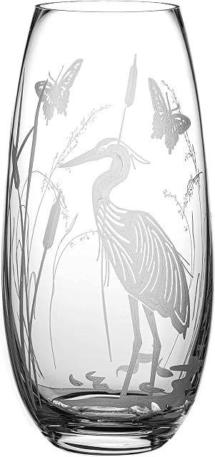 DIAMANTE Barrel Shaped Crystal Vase "Heron" - Etched Bird Decoration Flower Vase - 25cm
